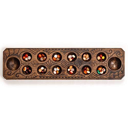 Yellow Mountain Imports Yellow Mountain Imports Mancala Set with 17.3-Inch Solid Wood Board and Quartz Pebble Playing Pieces