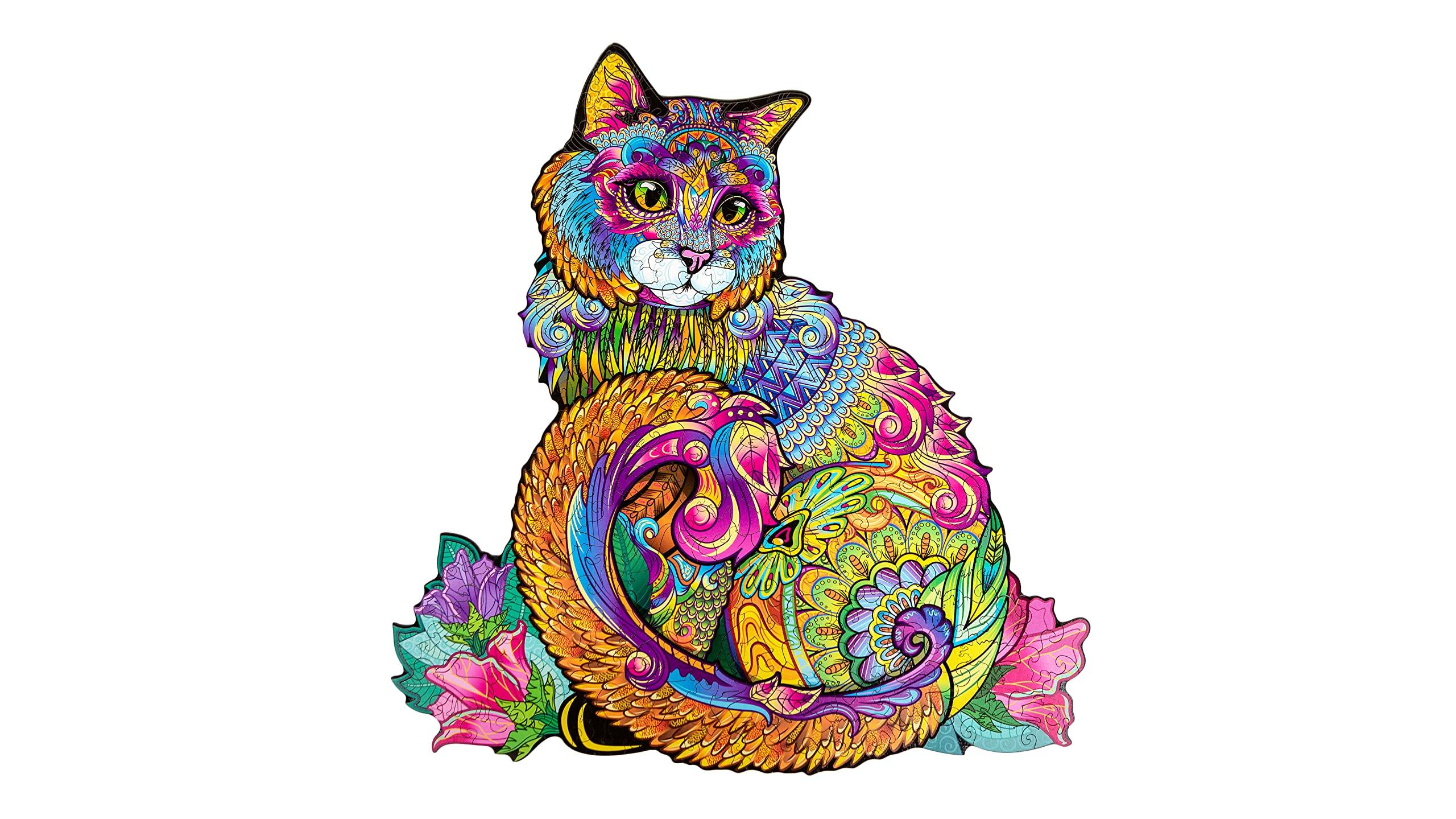 Woodvio WOODVIO - Wooden Jigsaw Puzzle for Adults and Kids - Cat, Animal-Shaped Fantasy Puzzle, 208 Unique Shaped Pieces, Size King (17.7\" x 16.9\")