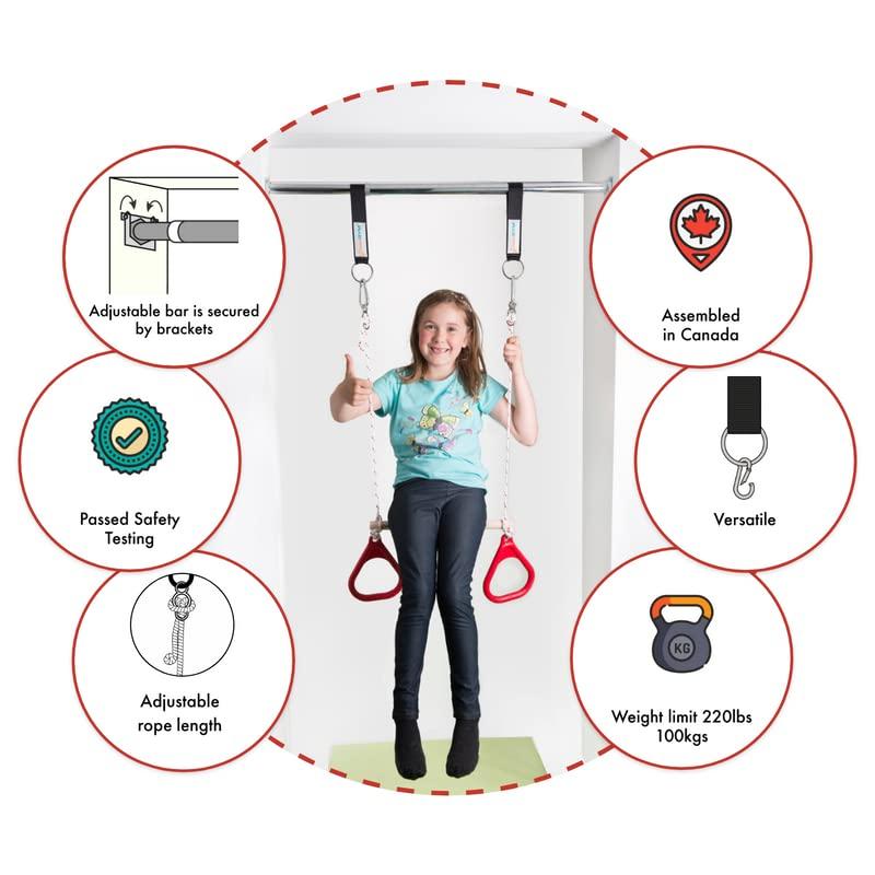 DreamGYM DreamGYM Doorway Sensory Swing Kit - Blue Compression Swing and Trapeze Bar with Red Gym Rings Combo