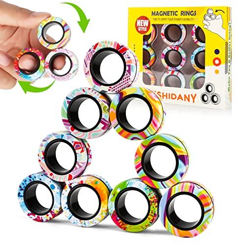 YISHIDANY YISHIDANY 9Pcs Magnetic Rings Fidget Toys Pack, Magnets Finger Spinner for ADHD Stress Relief, Magical Fingears Ring for Training Relieves Autism Anxiety, Great Idea Gift for Adults Teens Kids