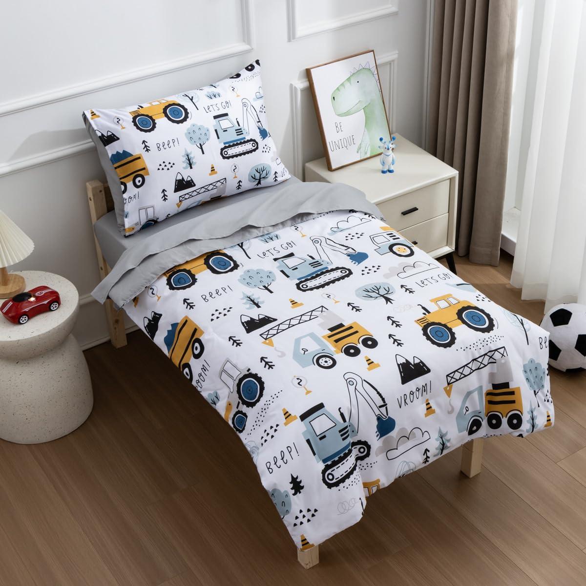 NTBED NTBED 4 Pieces Construction Toddler Bedding Set for Baby Boys,Tree Truck Vehicles Excavator Cars Printed, Includes Comforter, Flat Sheet, Fitted Sheet and Pillowcase,Light Grey
