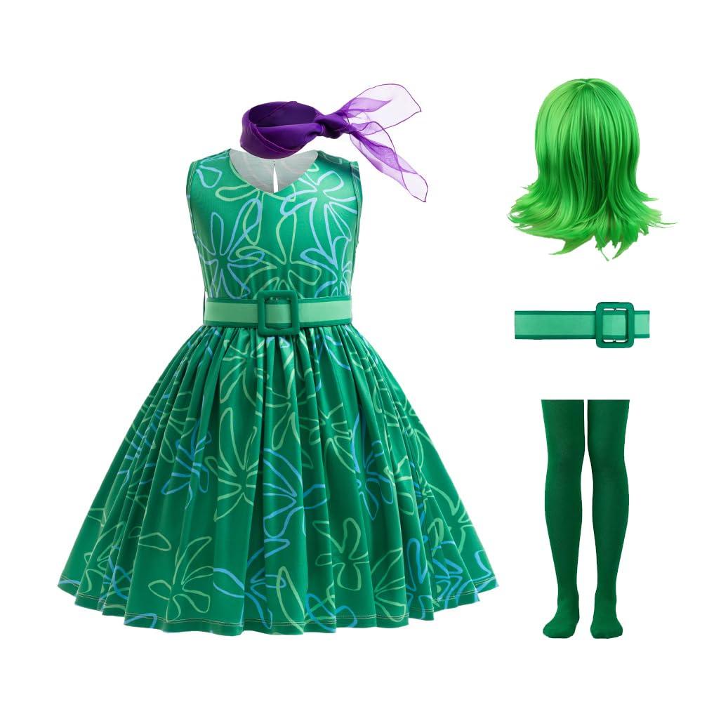 JUMOF JUMOF Kids Joy Dress Set Deluxe Disgust Costume with Wig Halloween Cosplay Multiple Accessories Outfit, disgust 120