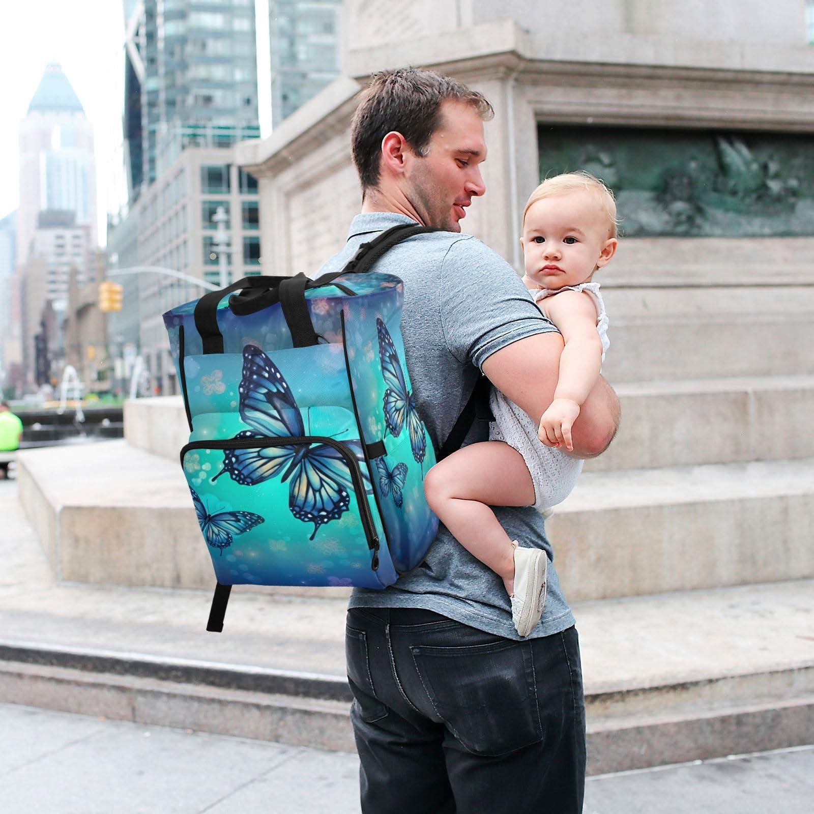 Jihqo Jihqo Diaper Bag Backpack Blue Butterfly (1) Travel Diaper Bags for Women, 10L Functional Baby Changing Bag with Insulted Pockets, Stroller Straps