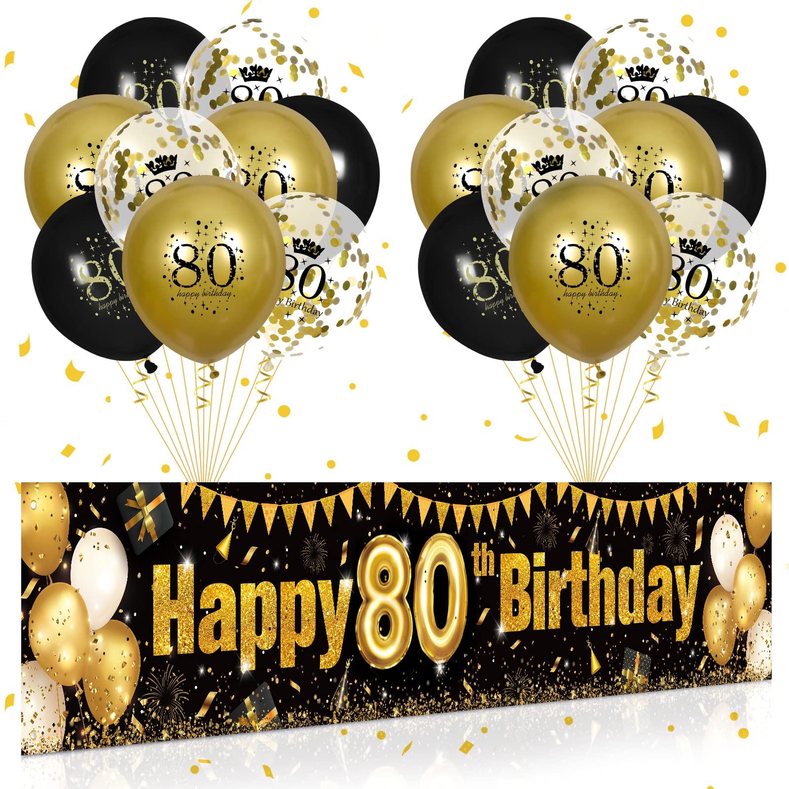 RUMIA 80th Birthday Decorations for Men Women Black and Gold, Black Gold Birthday Yard Banner Sign and 18 PCS 80th Happy Birthday Balloons for 80th Anniversary Birthday Party Supplies Outdoor Yard Decor