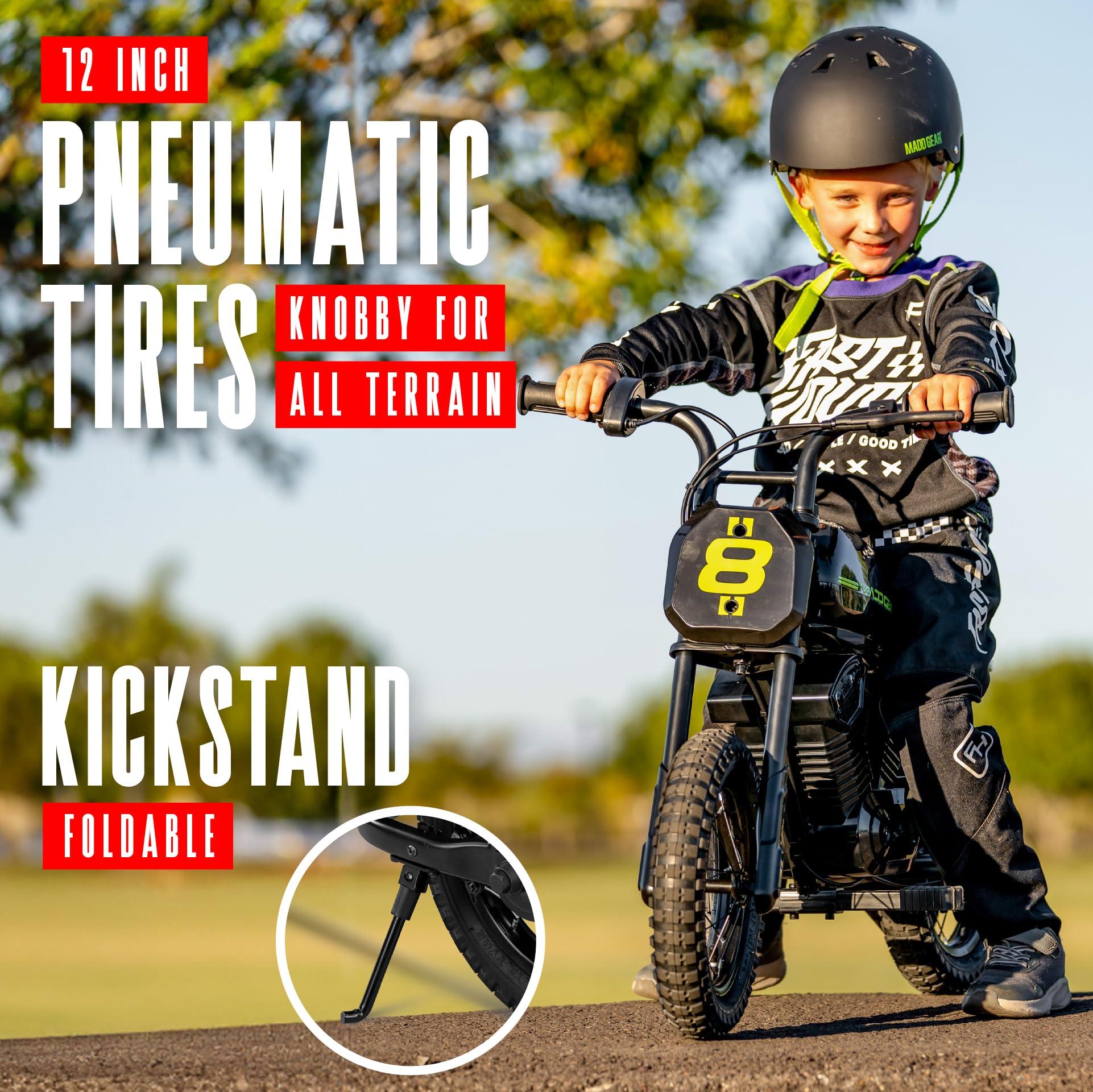 Madd Gear Madd Gear 24-Volt My 1st Mini Electric Dirt Bike for Kids Ages 5-8 - Dual Speed Up to 10 MPH, 12\" Tires, 7.5 Mile Range, 110 lbs Max Capacity - Lightweight, Safe Electric Motorcycle