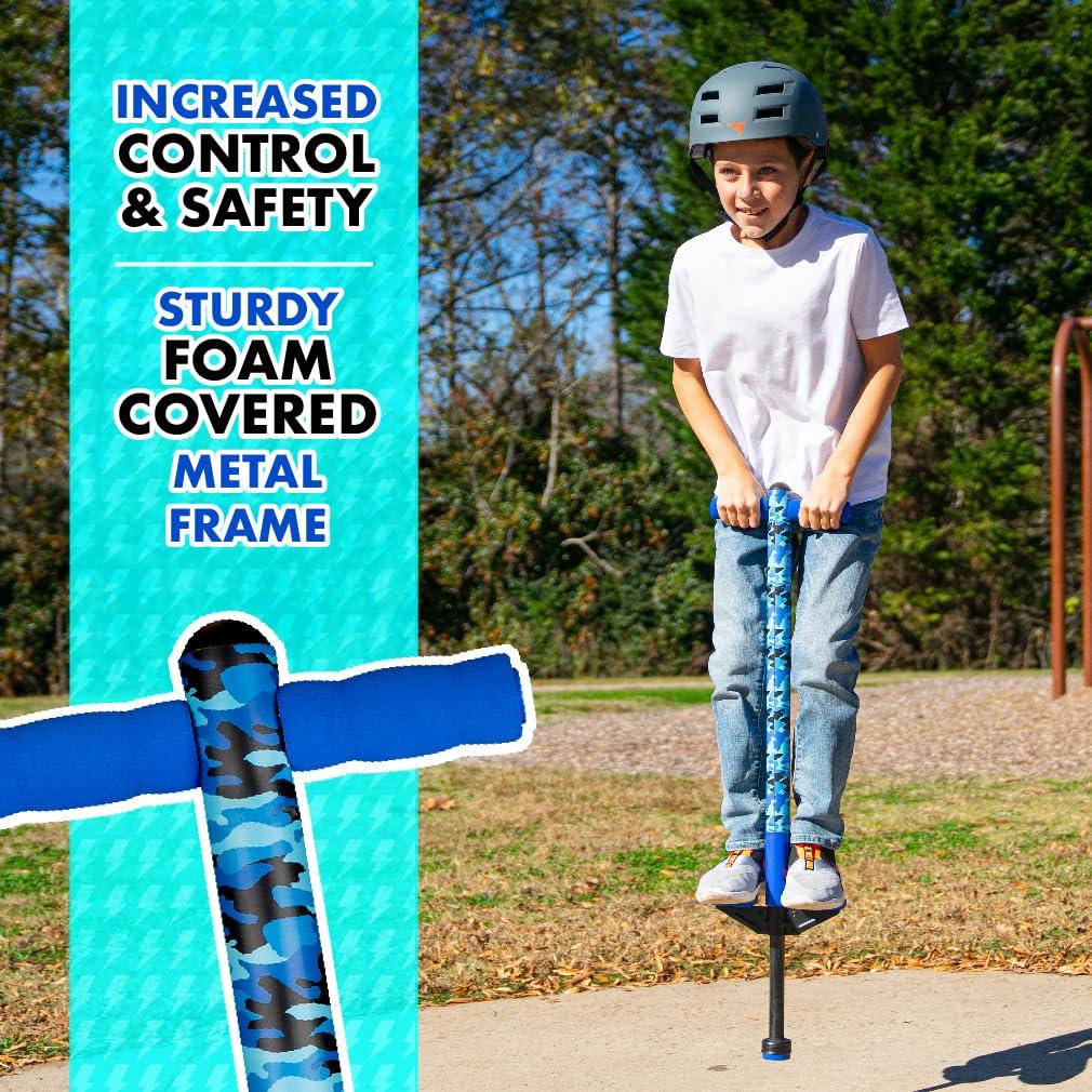 Flybar Flybar Pogo Stick for Kids, 40 to 80 Pounds, Perfect for Beginners, Easy Grip Foam Handles, Anti-Slip Foot Pegs, Outdoor Toys for Boys, Jumper Toys for Girls, Outside Toys for Kids (Jolt, Blue Camo)