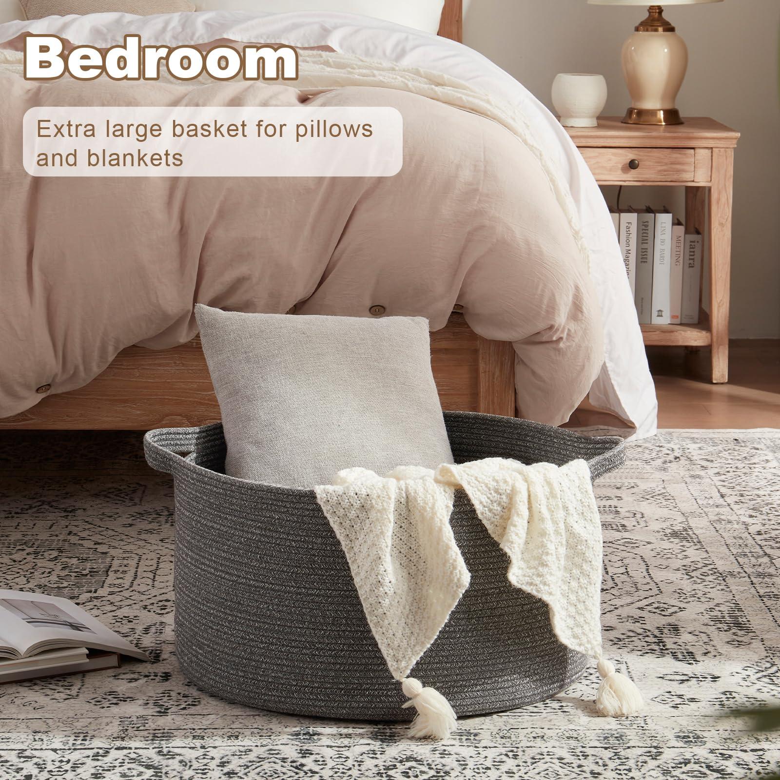 OIASKET OIASKET Large Woven Baskets for Storage, 22.8" x 22.8" x 13" Blanket Basket Living Room, Baby Toy Storage Basket, Big Laundry Basket for Clothes, Pillows, Towels, Shoe Basket for Entryway (Dark Grey)