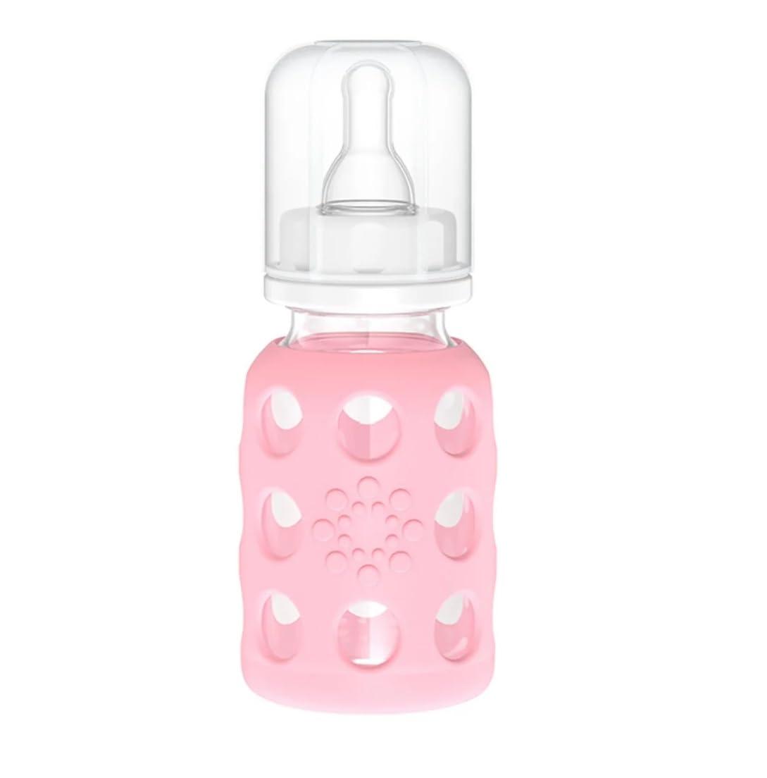 Lifefactory Lifefactory Glass Baby Bottles with Silicone Protection - 2-PACK, 4 Ounce Bottles, Pink & Sky Blue