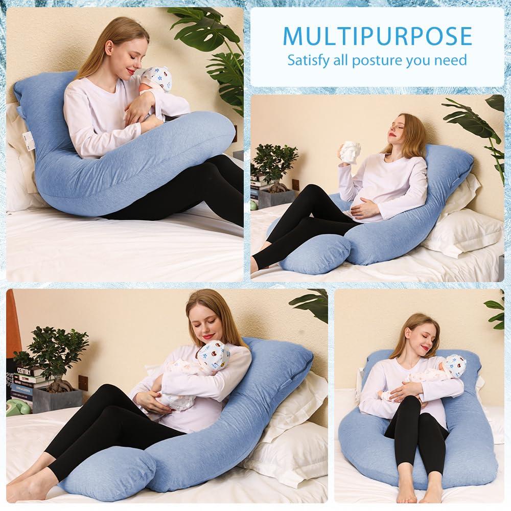 Chilling Home Chilling Home Pregnancy Pillow, U Shaped Pregnancy Pillows for Sleeping Full Body Pillow Maternity Pillow for Pregnant Women 58 inch, Pregnant Women Must Have with Removable Cover, Blue-Jersey