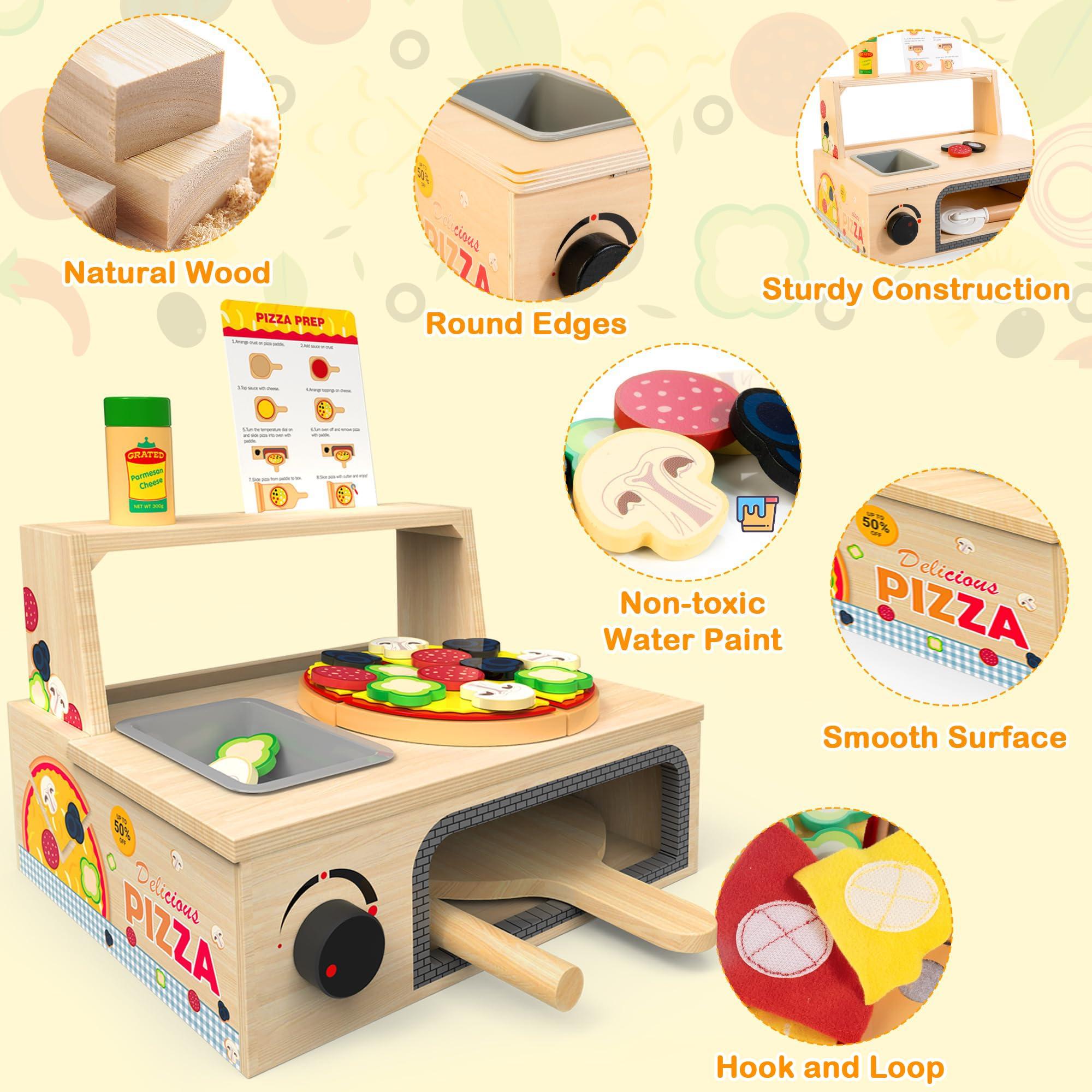 WOODMAM WOODMAM Wooden Pizza Toy - 48 PCS Montessori Pretend Play Food for Ages 3+, Educational Learning Toy Wooden Playset with Bake Oven, Christmas Birthday Gift for 3 4 5 6 Year Old
