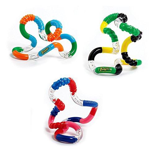 TANGLE Tangle Jr. Brain Tools Textured Sensory Fidget Toy, 3 Pack, Green Yellow Black, Blue Orange Green, Red Pink Blue