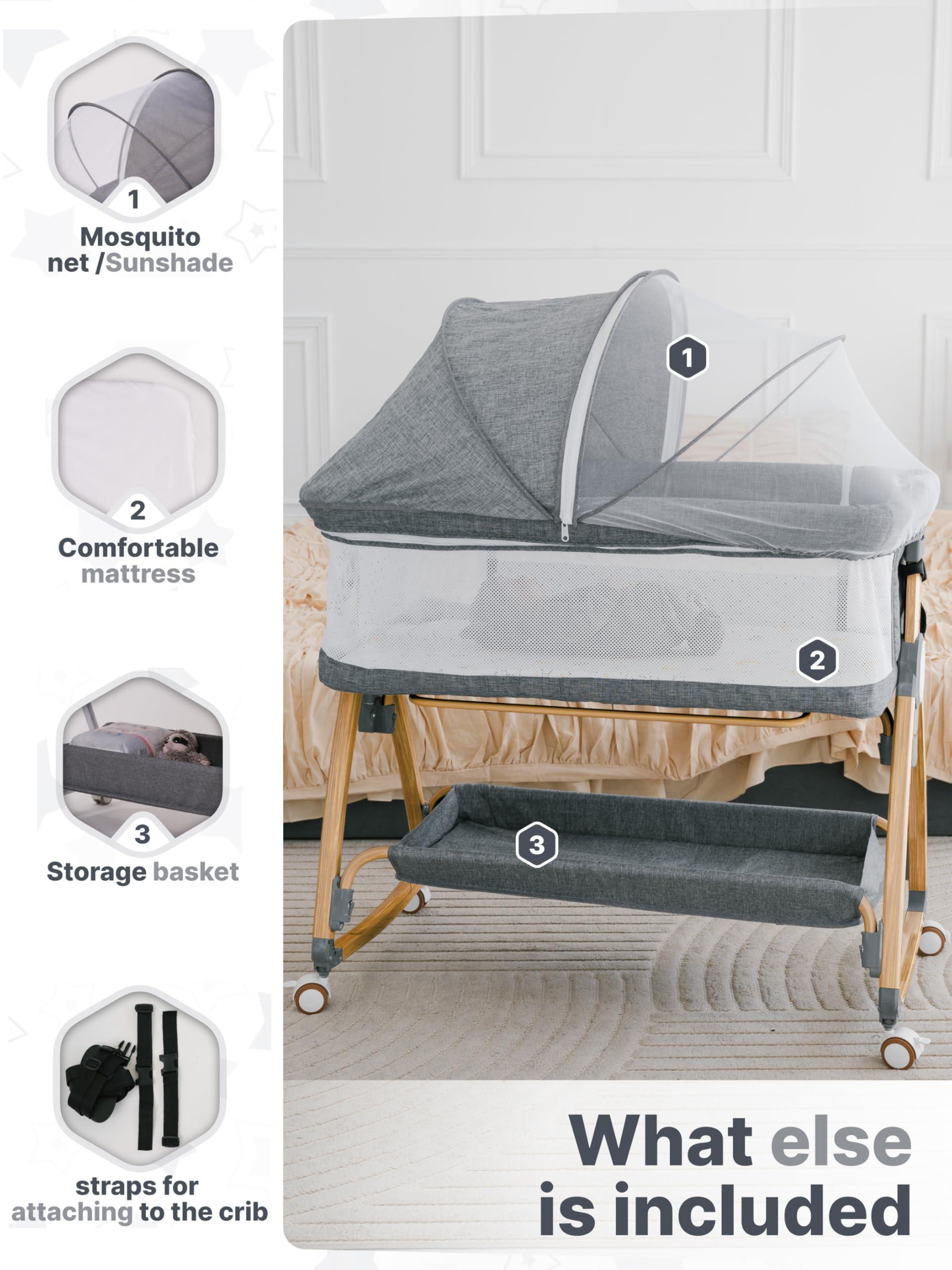 Earth&ME Baby Rocking Bassinet Bedside Sleeper - All Mesh Portable Bedside Crib for Safe Co-Sleeping, Storage Basket and Wheels, Adjustable Height, Includes Travel Bag, Mosquito Net (Wood Grain, Grey)