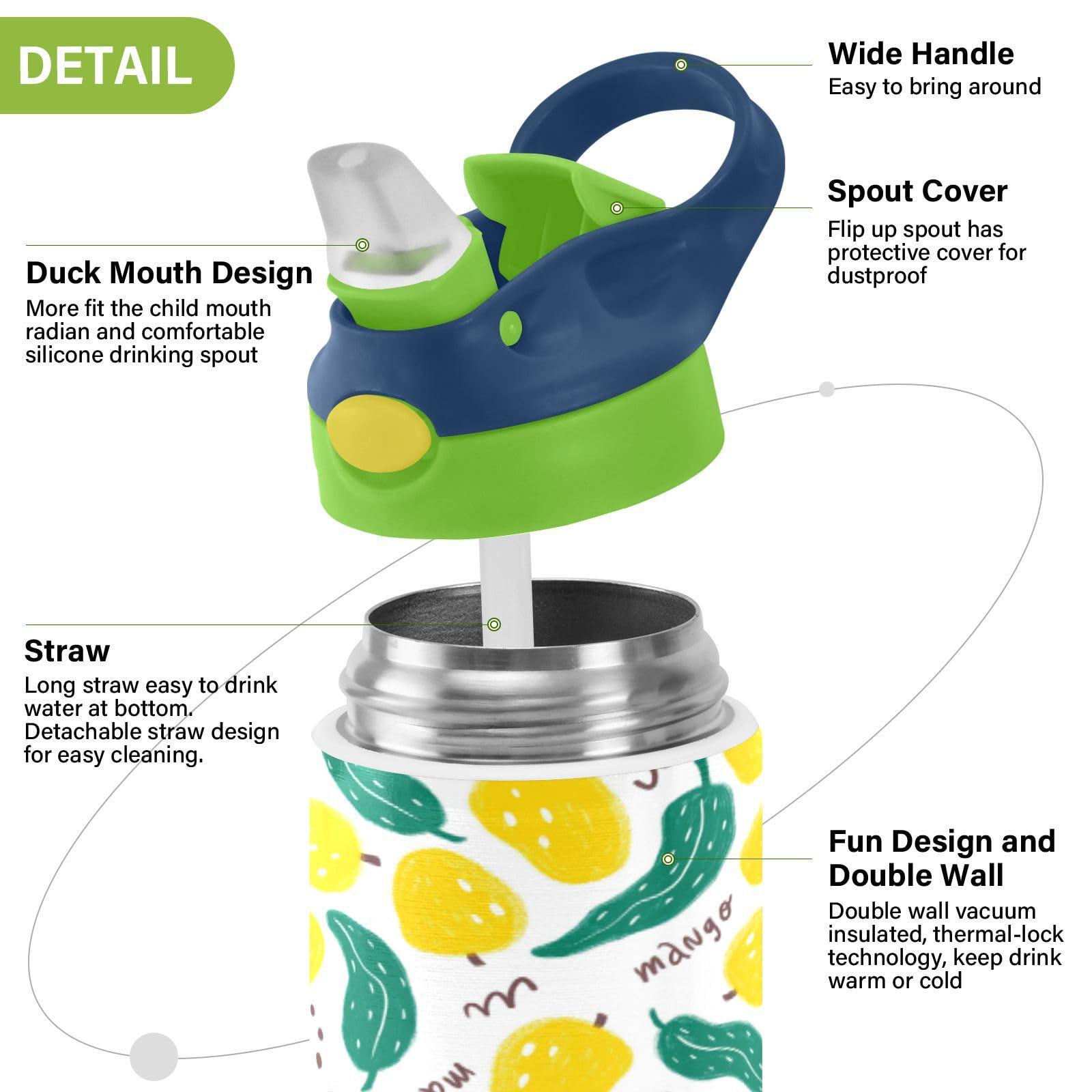 Wfrish Cute Tropical Yellow Mango Leaves Kids Water Bottle with Silicone Straw for Girls Boys Toddlers Insulated Stainless Steel with Straw Lid BPA-Free Duck Mouth Leakproof Tumbler 12 oz