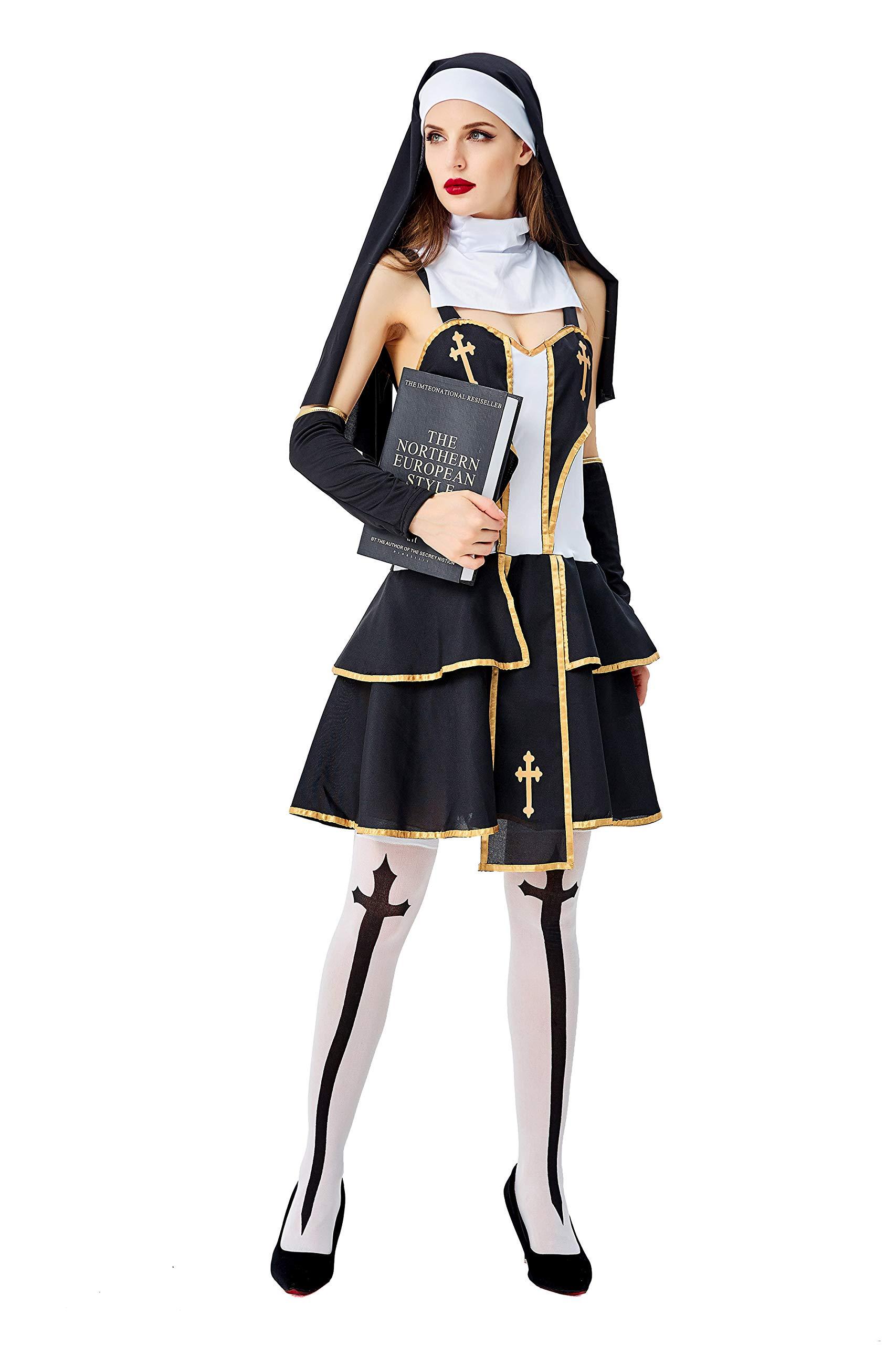 Halloween Costume Halloween Costume, Christian Missionary Pastor, Virgin Mary Sister, Role Play, Slip Dress (XL) Black/Gold