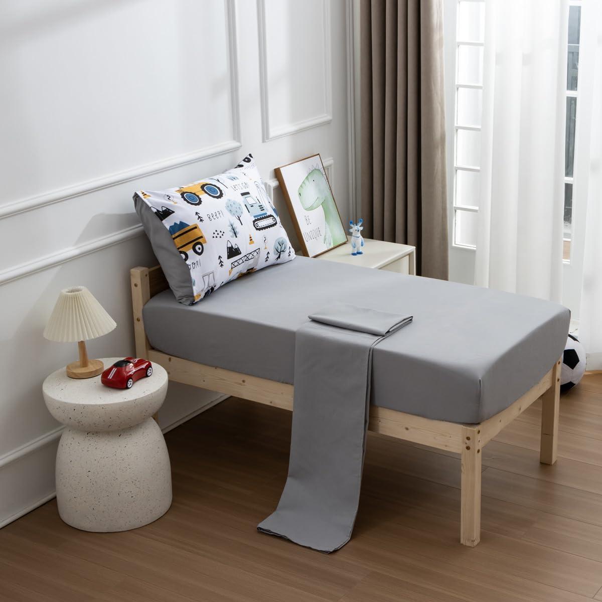 NTBED NTBED 4 Pieces Construction Toddler Bedding Set for Baby Boys,Tree Truck Vehicles Excavator Cars Printed, Includes Comforter, Flat Sheet, Fitted Sheet and Pillowcase,Light Grey