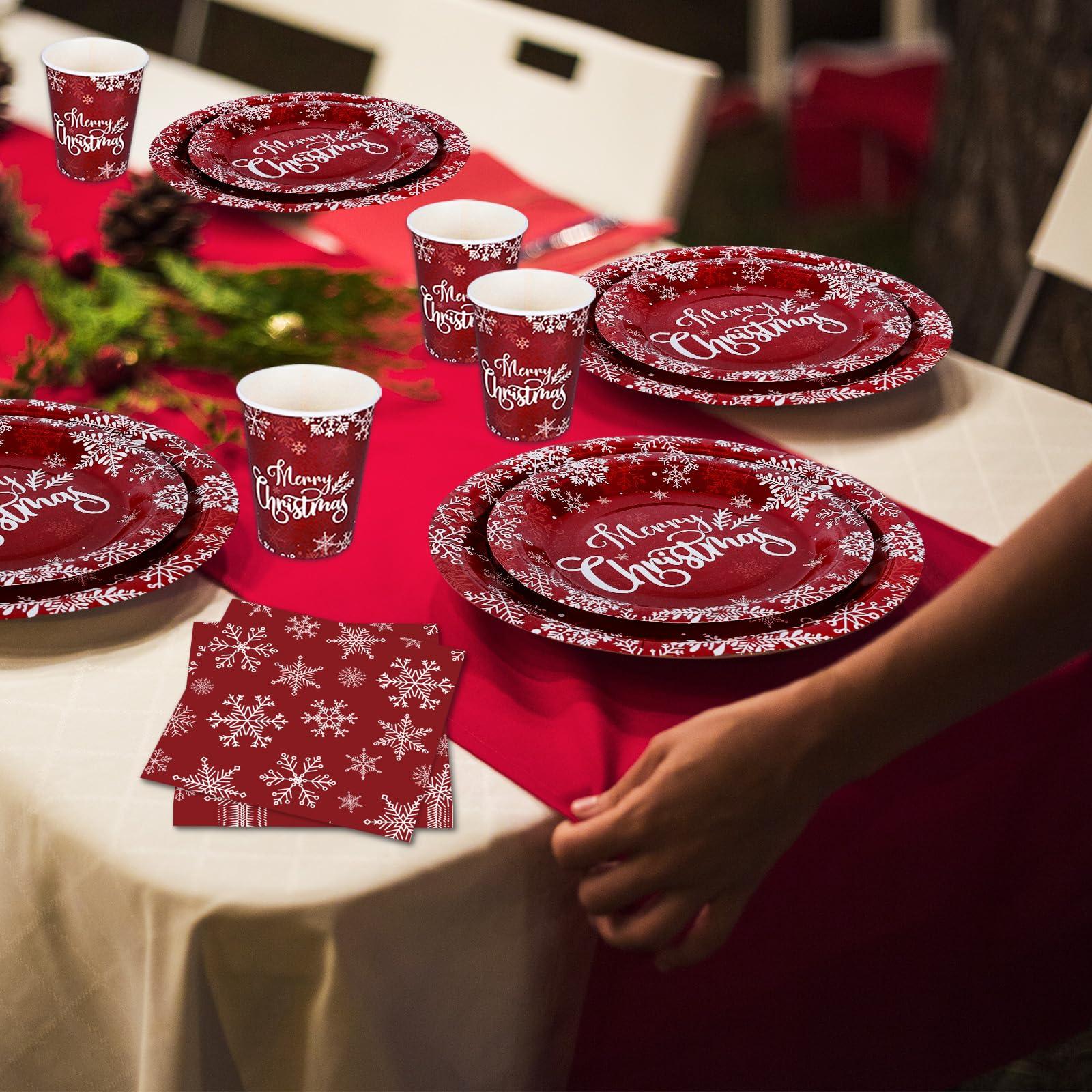 AnyDesign AnyDesign Christmas Paper Plates and Napkins 50Pcs Plates and 25Pcs Luncheon Napkins with 25Pcs Cups Red Xmas Winter Snowflake Disposable Dinner Tableware Set for Party Supply Table Decor