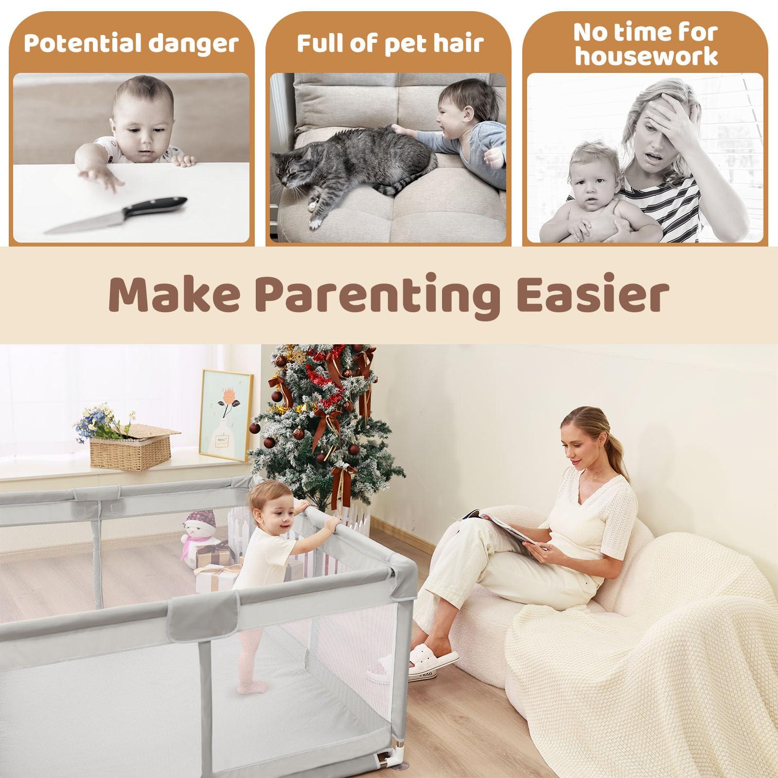 Beavtaens Baby Playpen, 50x50 Inch Playpens for Babies and Toddlers, Play Pen with Carrying Bag, Play Yard for Indoor and Outdoor with Visible Mesh(Light Gray)