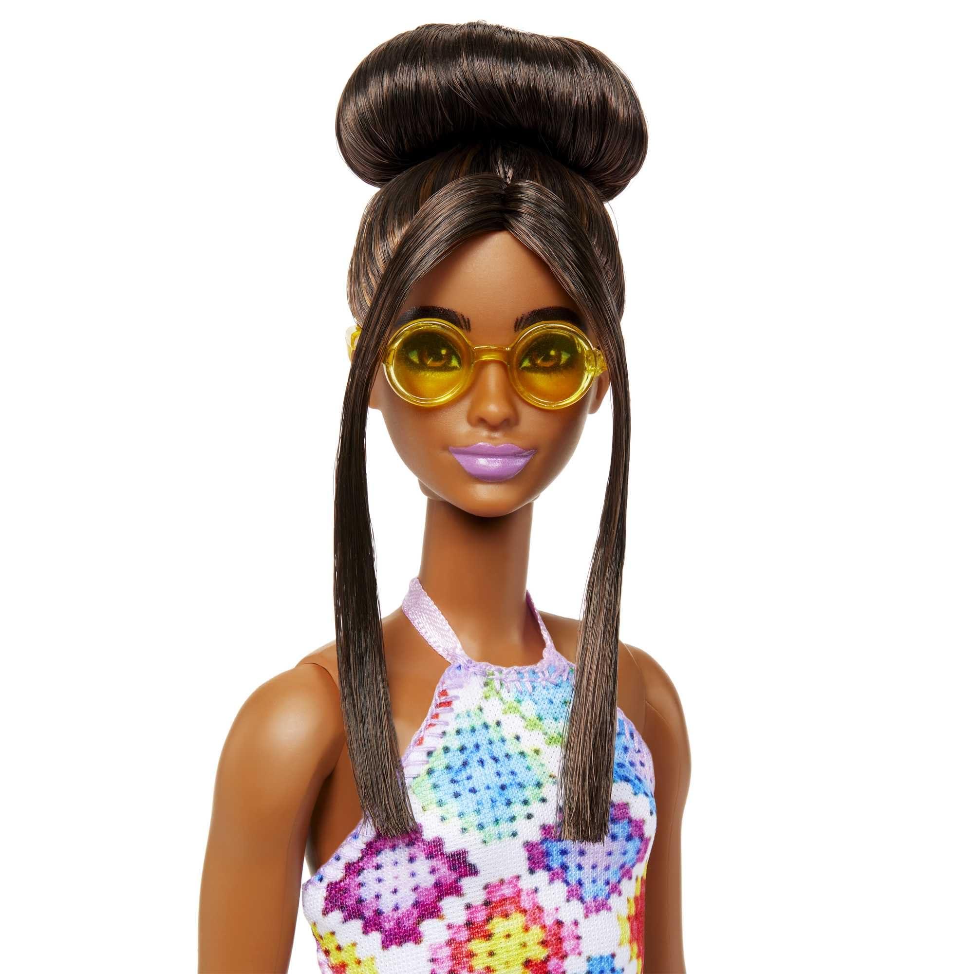 Barbie Barbie Fashionistas Doll #210 with Brunette Hair in Bun Wearing Removable Colorful Crochet Halter Dress, Sunglasses & Sandals