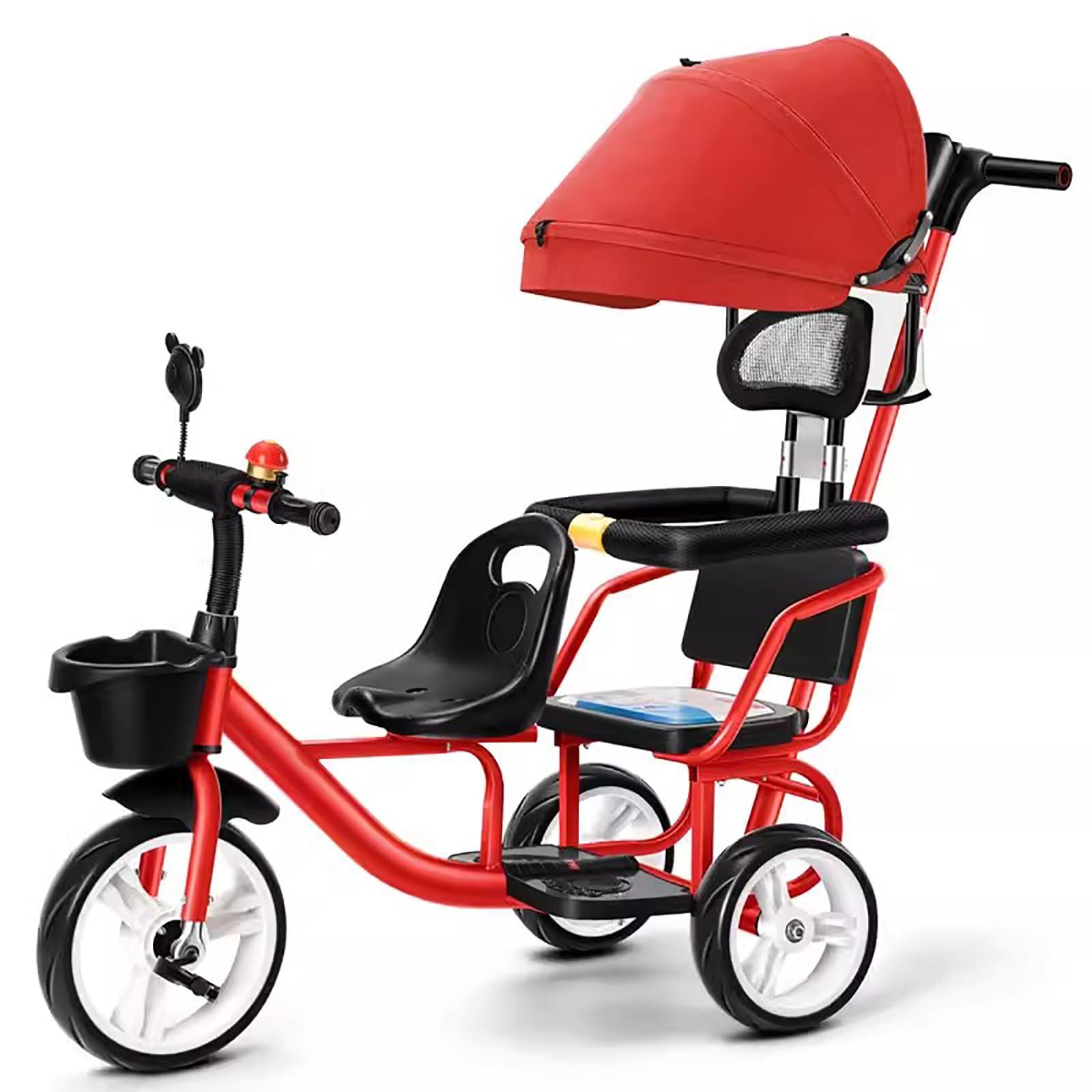 JIYIAN Twin Stroller Trike for Kids,Tricycle Stroller,Two-Seater Pedal Bicycle with Spacious Rear Adjustable Seat/Removable Rear Push Handle/Enlarged Pedals,Red,Style 4