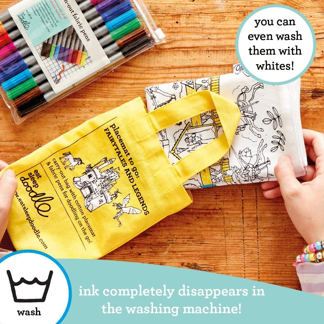 eatsleepdoodle eatsleepdoodle Fairy Tale placemat in its own Cotton Carry Bag to Color-in, Fun Educational Mythical Creature Storybook Coloring Placemat, Washable Felt tip Fabric Markers Included