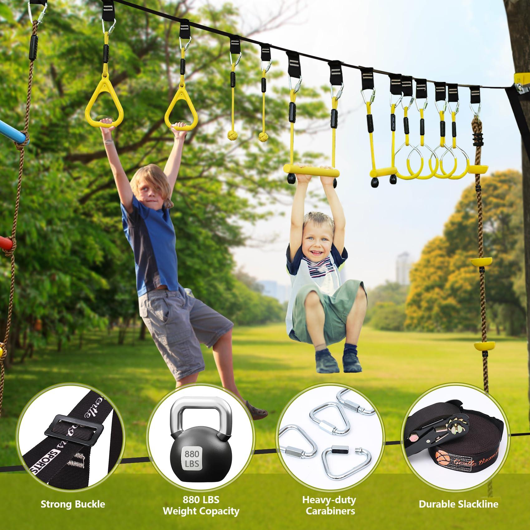 ninja line NINJA LINE 2X65FT Ninja Warrior Obstacle Course for Kids - Ninja Slackline with 14 Obstacles - Ninja Course for Kids with Swing, Ladder,Monkey Bar,Arm Trainer, Climbing Rope