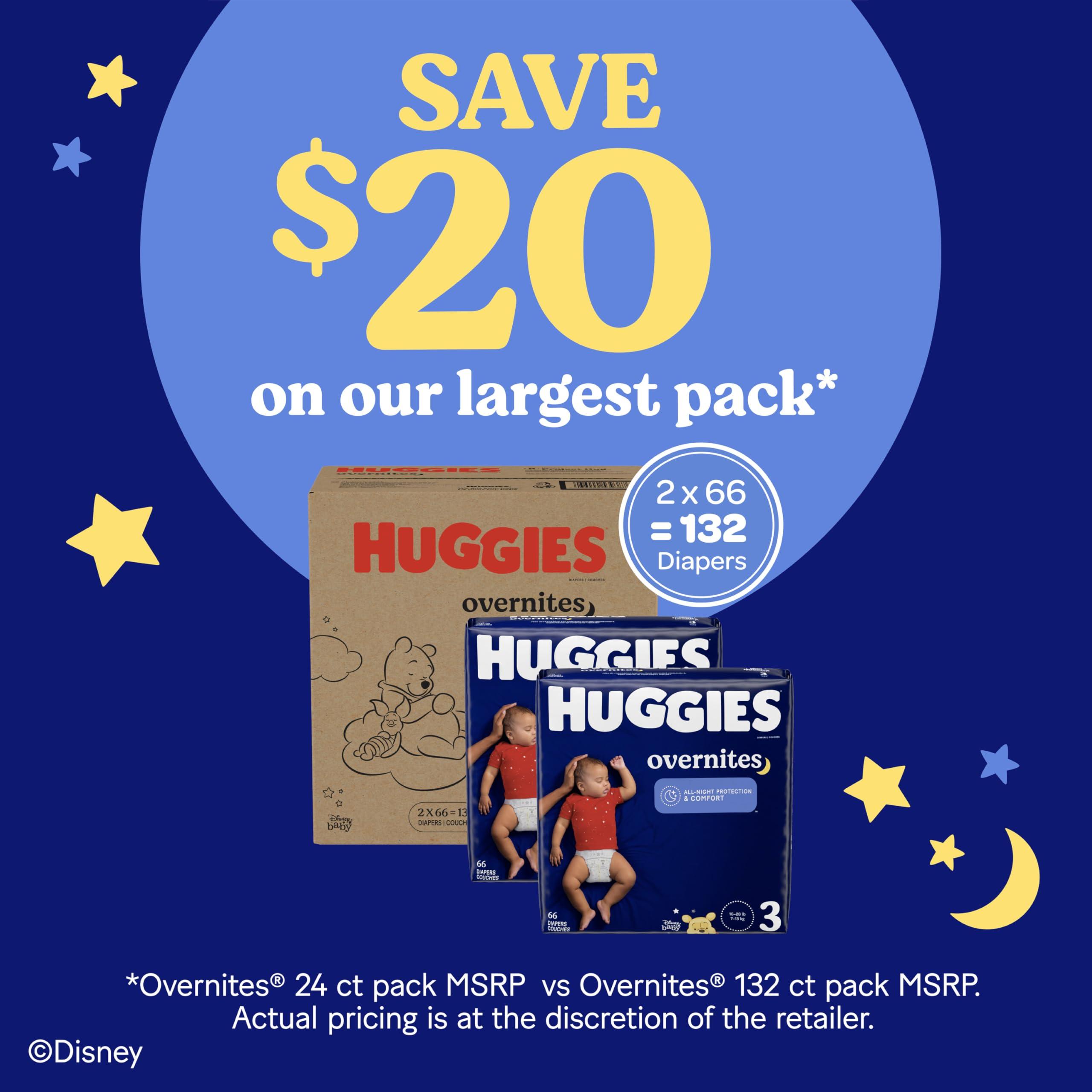 HUGGIES Huggies Size 3 Overnites Baby Diapers: Overnight Diapers, Size 3 (16-28 lbs), 132 Ct (2 Packs of 66)