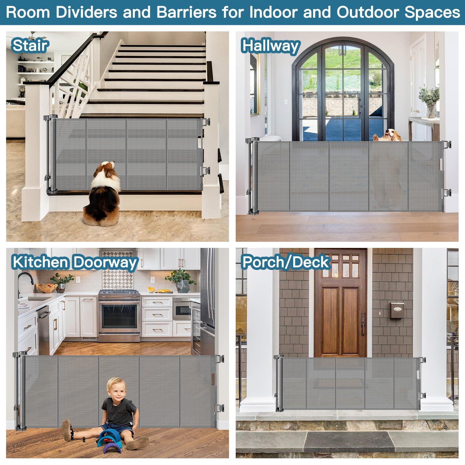 Stcockis 28 Inch Tall Retractable Baby Gates, 80" Wide Reinforced Retractable Dog Gate with Support Rods, Walk Through Pet Gate, Short Dog Gate Retractable Pet Gate, Mesh Baby Gate for Stairs, Doorways, Gray