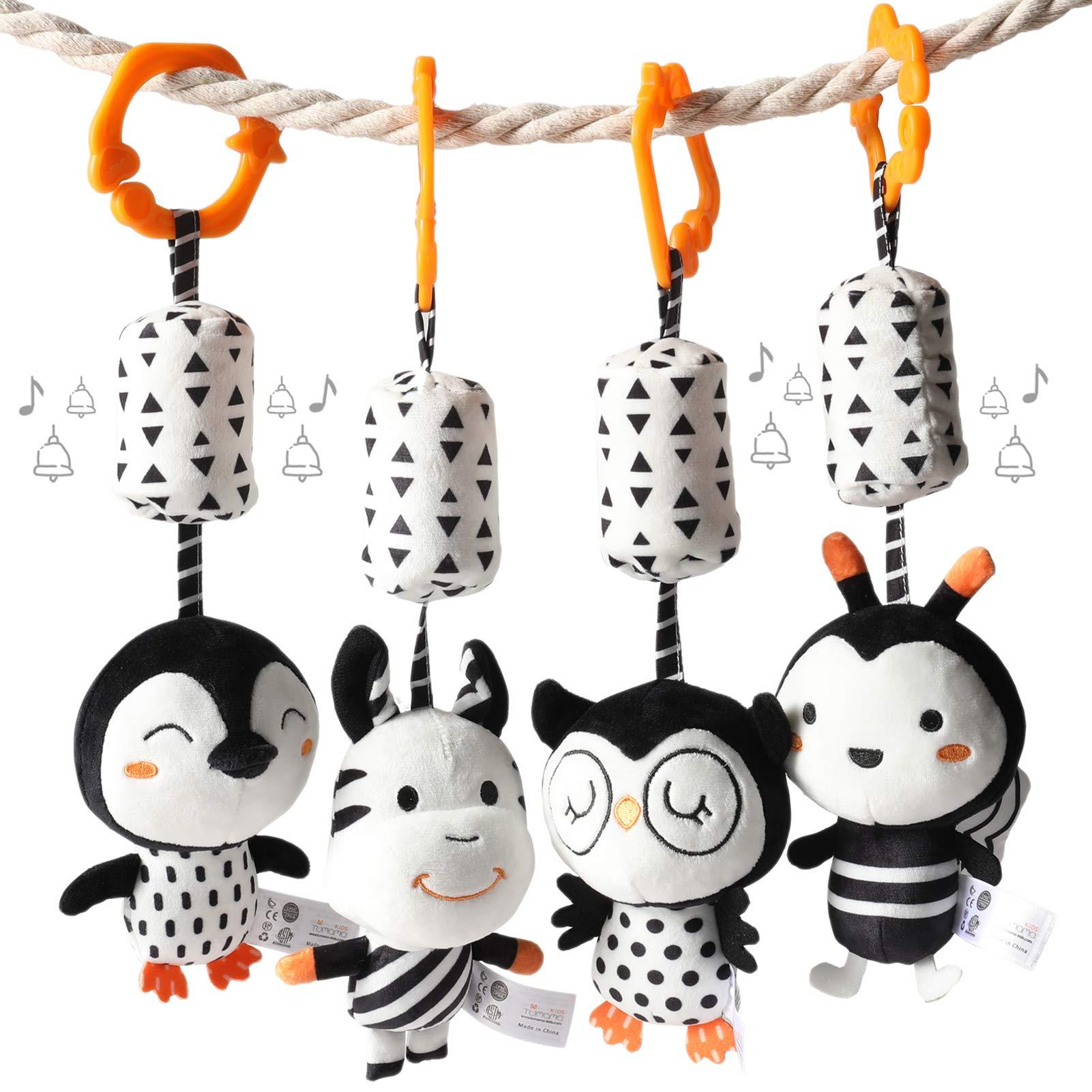 TUMAMA TUMAMA Black and White Baby Toys for 3 6 9 12 Months,Plush Hanging Rattles,Newborn Stroller Toys for Boys and Girls,4 Pack