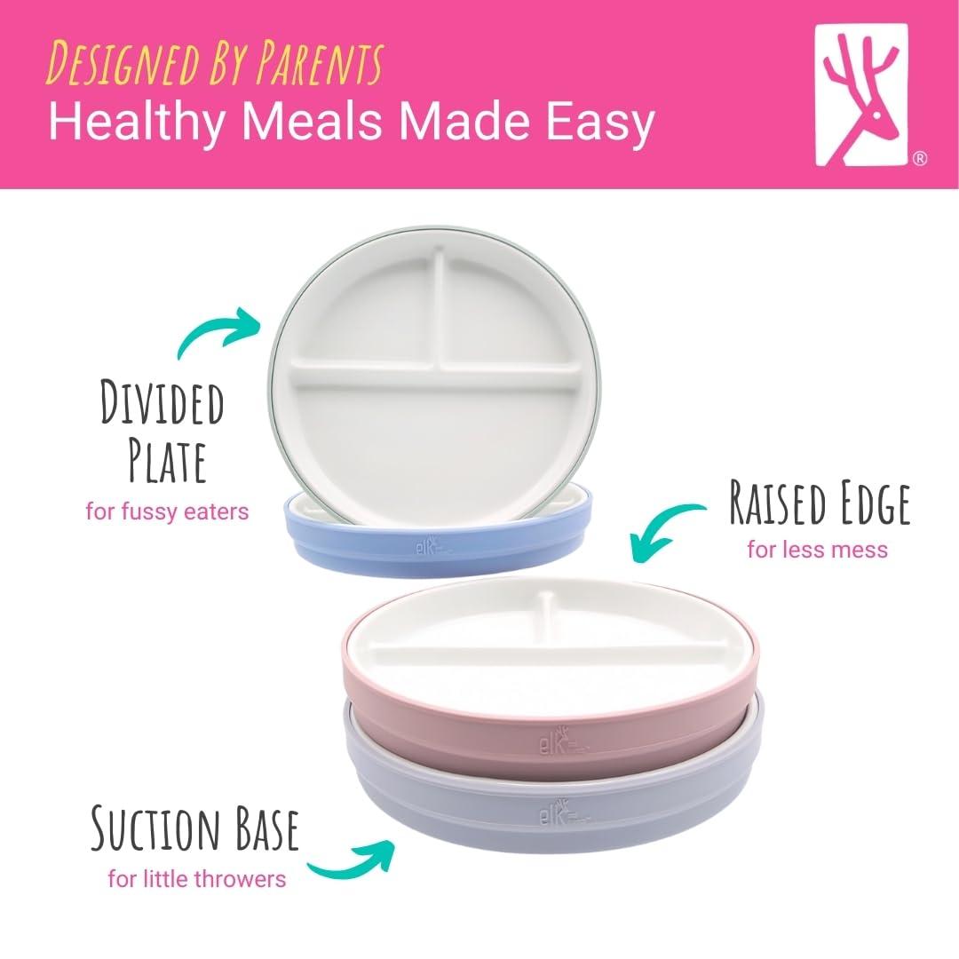 Elk and Friends Elk and Friends Kids 7.8 Porcelain White Plates with Silicone Suction Sleeves Sleeves | Divided Plates | Suitable for Babie/Kids/Toddlers | Microwave & Dishwasher Safe | Non Slip | Snack Dishes