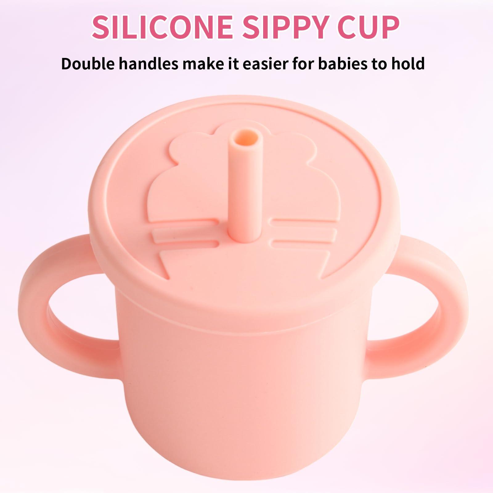 EuChoiz EuChoiz Silicone Baby Feeding Set, Baby Led Weaning Supplies with Suction Bowl Divided Plate, Toddler Self Feeding Dish Set with Bib and Plate, Spoon and Fork, Sippy Cup and Lid Cute Carrot Pink