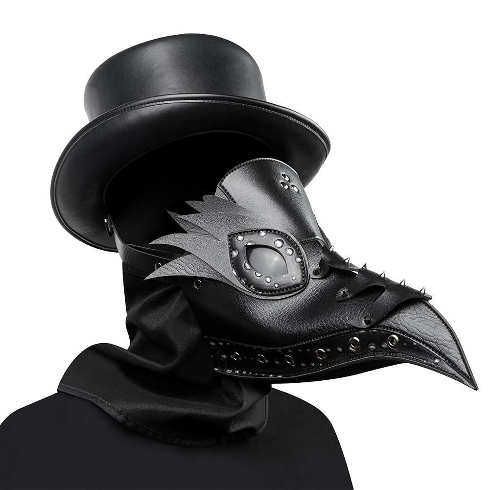 Cielasis PU Leather Plague Doctor Mask, Halloween Costume Bird Death Mask,Retro Leather Steampunk Halloween Costume Long Nose Bird Beak Cosplay Props for Mardi Gras, Masquerade Party, Christmas,Punk party