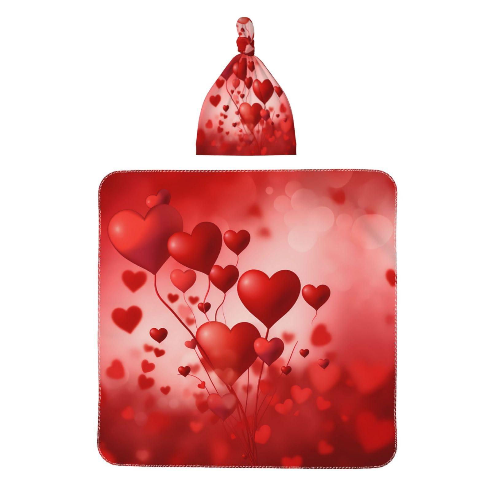 Fiephvsa Red Heart Shape Balloon Baby Swaddle Blanket with Beanie Set, Newborn Receiving Blankets 35.4"X 35.4" Valentine's Day Soft Swaddle Wrap Baby Stuff for Infant Boy Girl Gift