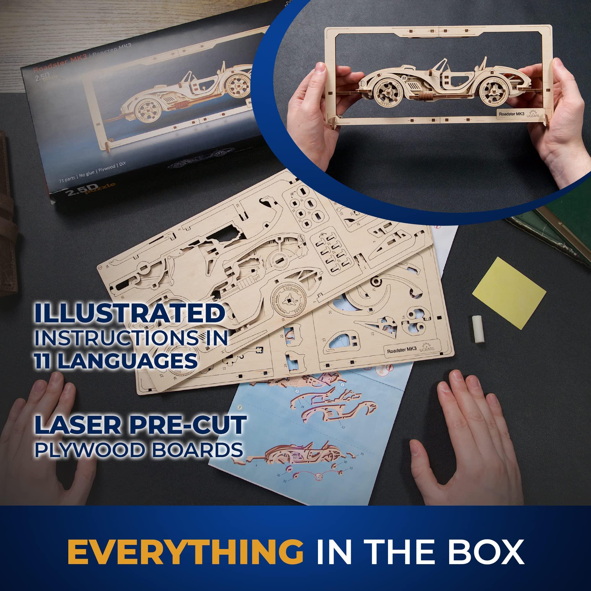 UGEARS UGEARS Roadster Models Kits to Build - Innovative 2.5D Puzzles Roadster Model Car Kits to Build for Adults - Classic Muscle Car Wooden Puzzles - Car Wood Model Kit Frame with Movable Parts