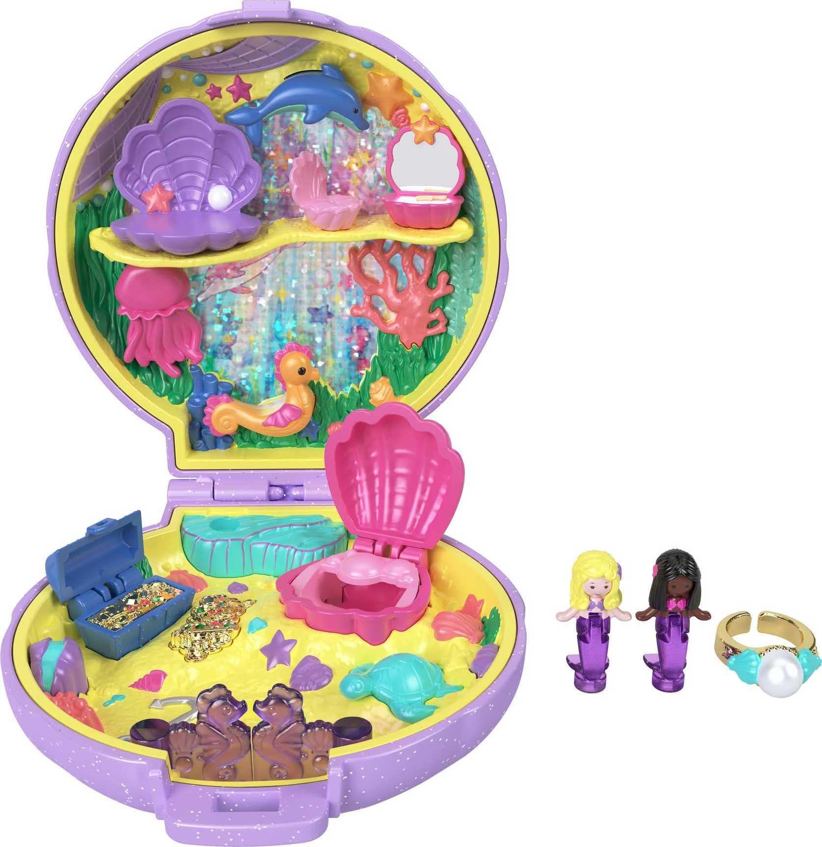 Polly Pocket Polly Pocket Keepsake Collection Mermaid Dreams Collectible Compact, Under-The-Sea Theme, Special Box, 2 Mermaid Dolls, Wearable Ring & More, Collectible Gift, Ages 4 Years Old & Up