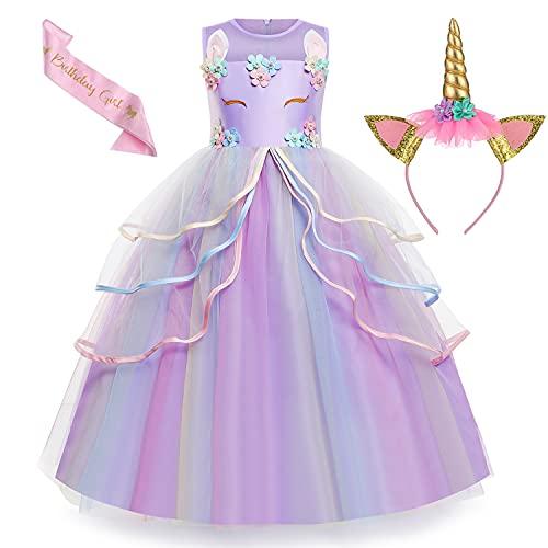 Chektin Unicorn Dress for Girls Unicorn Costume Pageant Princess Party Birthday Long Maxi Gown with Unicorn Headband Satin Sash Purple 130 6 7 Years