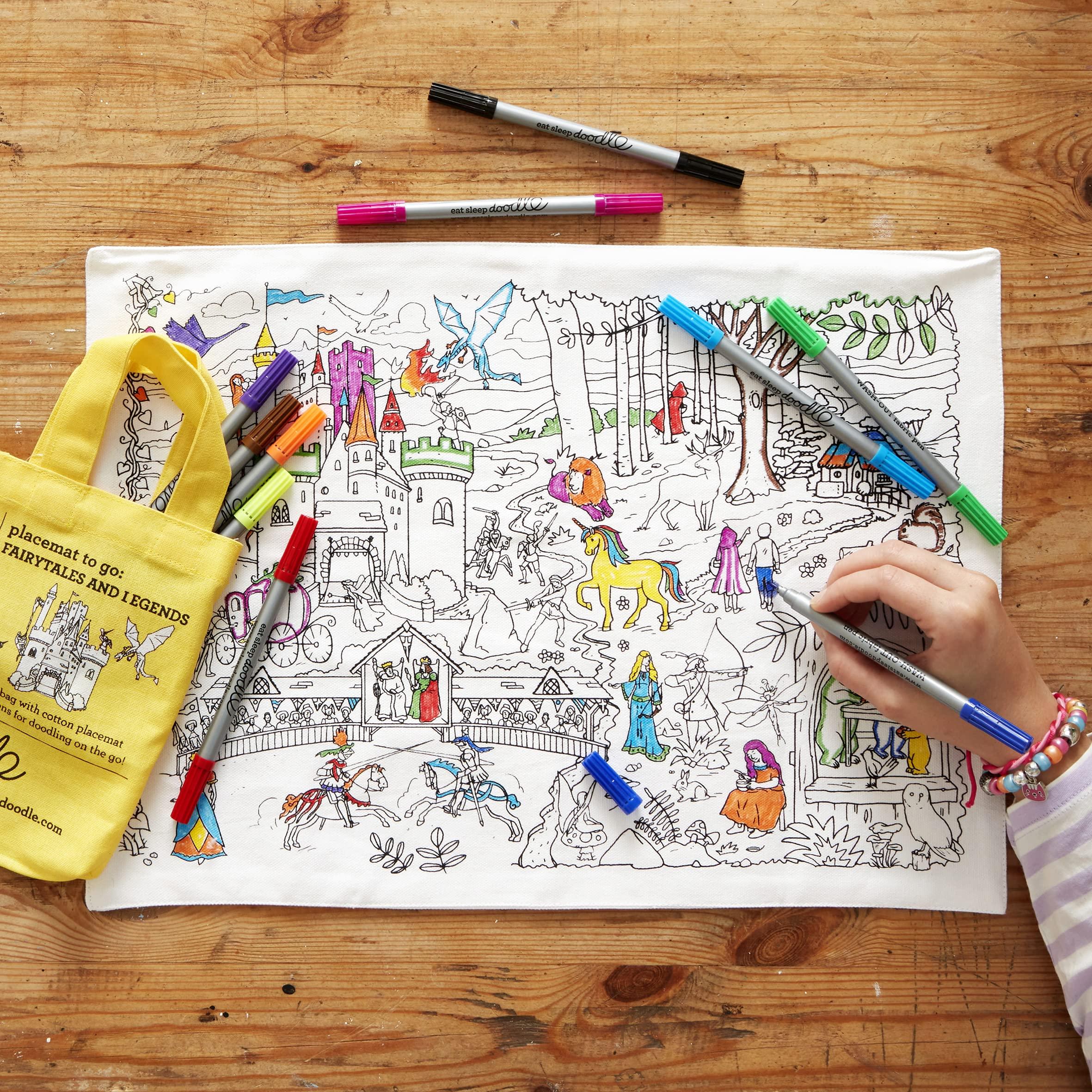 eatsleepdoodle eatsleepdoodle Fairy Tale placemat in its own Cotton Carry Bag to Color-in, Fun Educational Mythical Creature Storybook Coloring Placemat, Washable Felt tip Fabric Markers Included