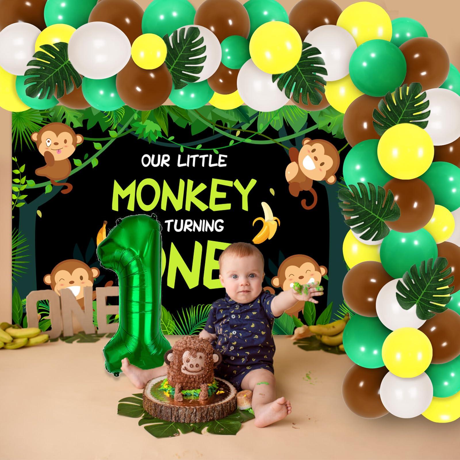 Funmemoir Monkey 1st Birthday Party Decorations - Our Little Monkey Is Turning One Backdrop, Jungle Safari Balloon Garland Arch Kit, Artificial Palm Leaves, Foil Balloons, Jungle Monkey Birthday Decorations