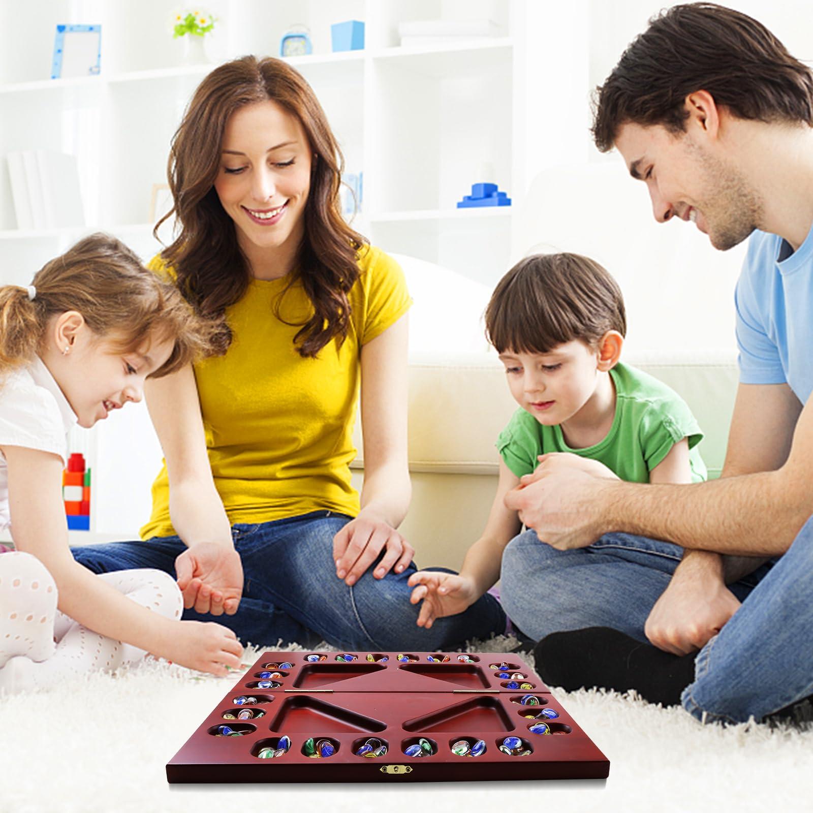 GSE Games & Sports Expert GSE Games & Sports Expert 4-Player Mancala Board Game with Multi-Color Glass Stones, Folding Wooden 4-Way Mancala Family Travel Strategy Games Set for Kids & Adults (Mahogany)