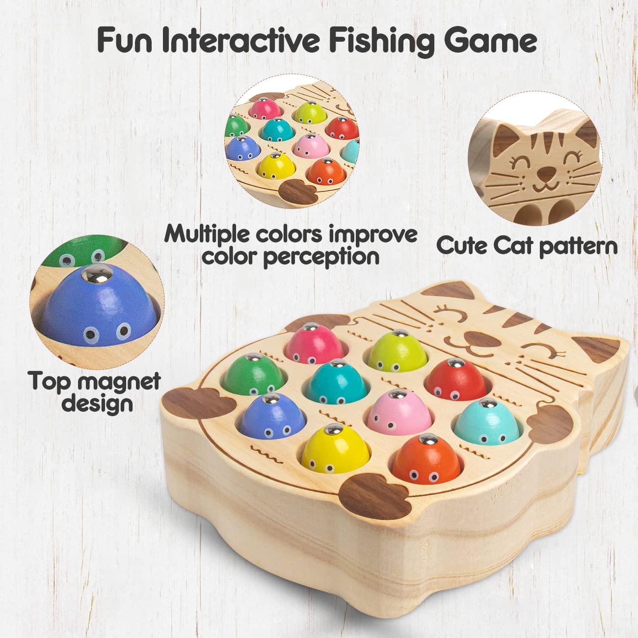 NAODONGLI Magnetic Fishing Game,Wooden Montessori Magnetic Fishing Toys for Toddlers,Preschool Education Learning Hand-Eye Cognition & Fine Motor Skill Birthday Gifts for 3 4 5 Years Old Kids Boys Girls