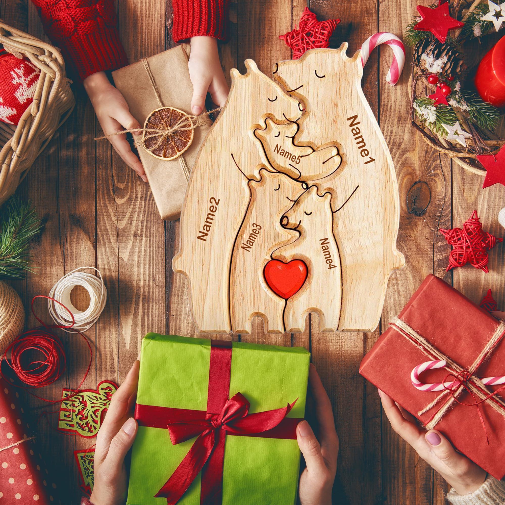 WHIMCHOIT Personalized Wooden Bear Puzzle with 3-5 Family Name Custom Family Name Sculpture Customized Family Name Sign Gifts Wooden Animal Family Puzzle for Home Decor and Anniversary Birthday Mom Dad Gifts