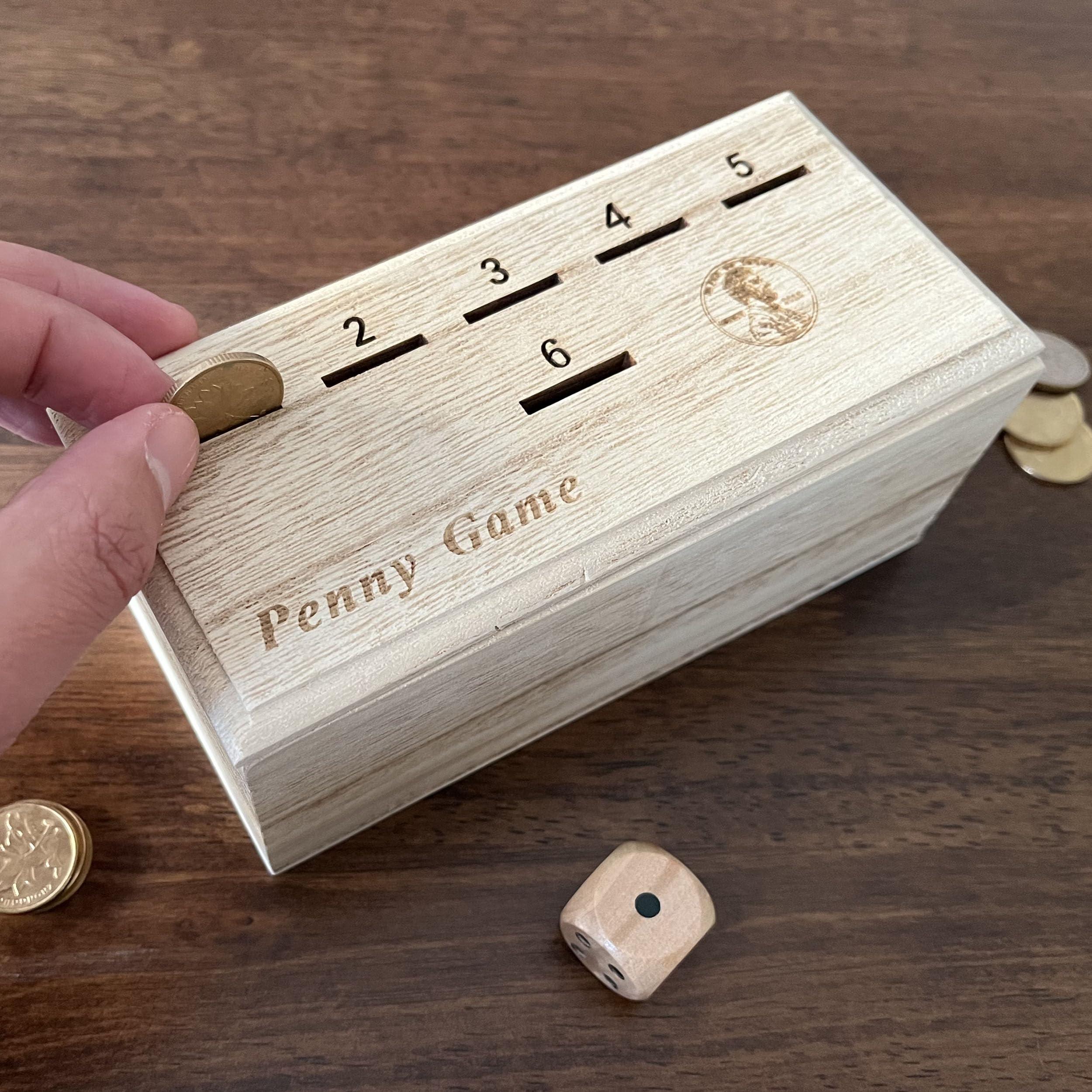 CBLKUS Penny Game - Fun Board Game Works with Coines, Get Rid of Coins to Win, Penny Game Wood Box for 2-6 Players, Simple + Strategic Dice Games