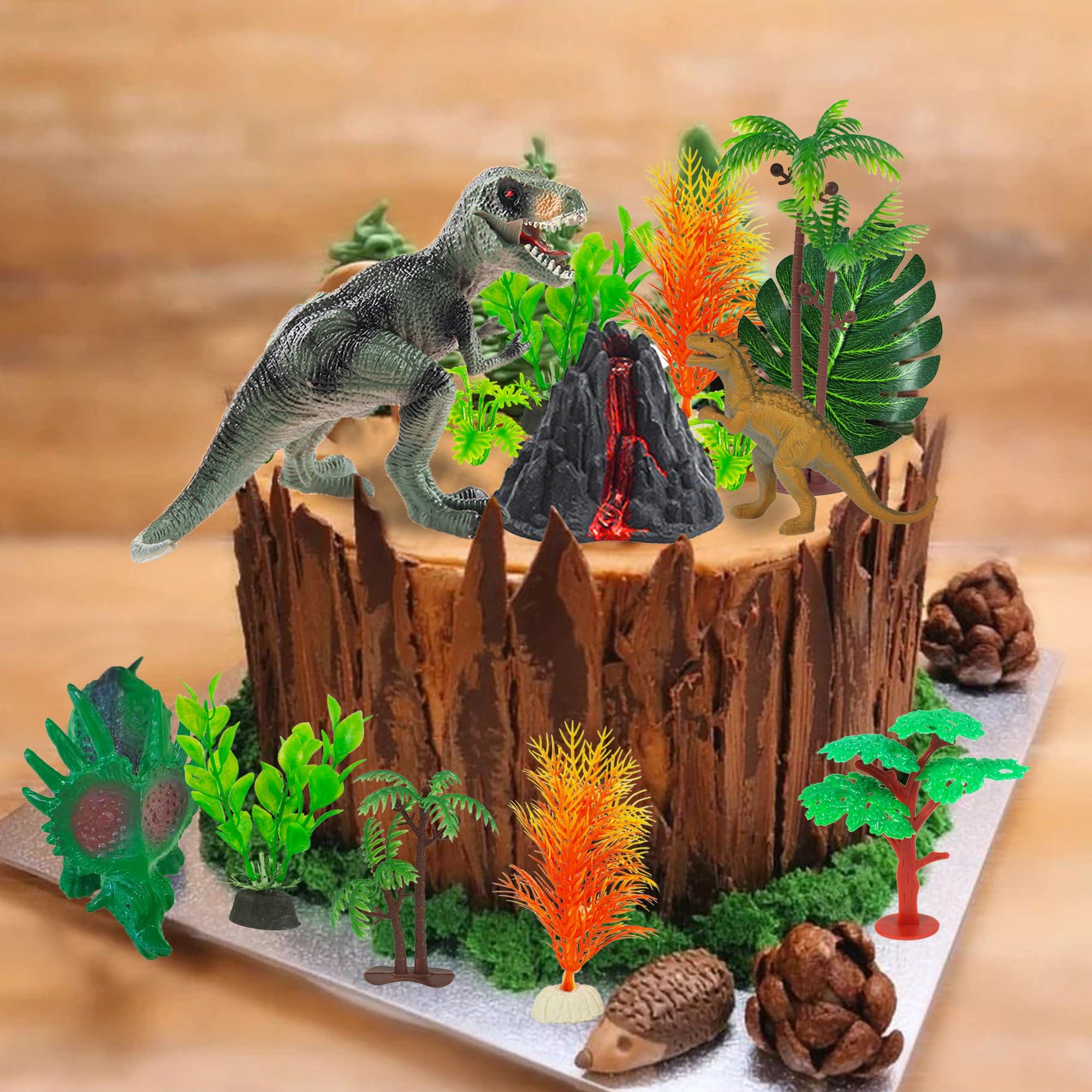 DRWATE 19 PCS Dinosaur Cake Toppers With Dinosaur Eggs Leaves Trees Cake Decorations For Birthday Party Dinosaur Themed Party Wild Animals Party Kids Party Cake Decorationstype1