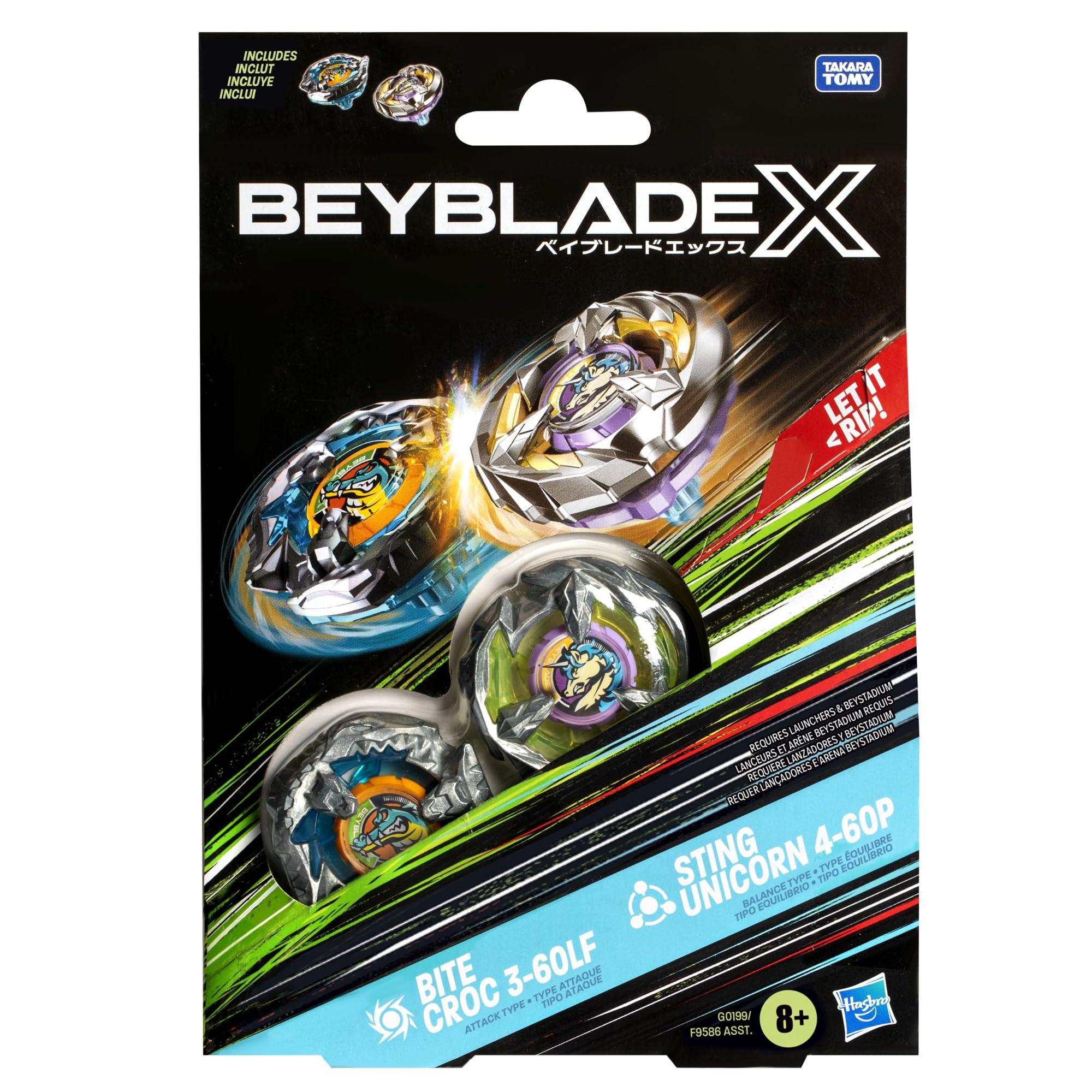 Beyblade Beyblade X Bite Croc 3-60LF and Sting Unicorn 4-60P Dual Pack Set with 2 Right-Spinning Tops; Battling Top Toys for 8 Year Old Boys and Girls