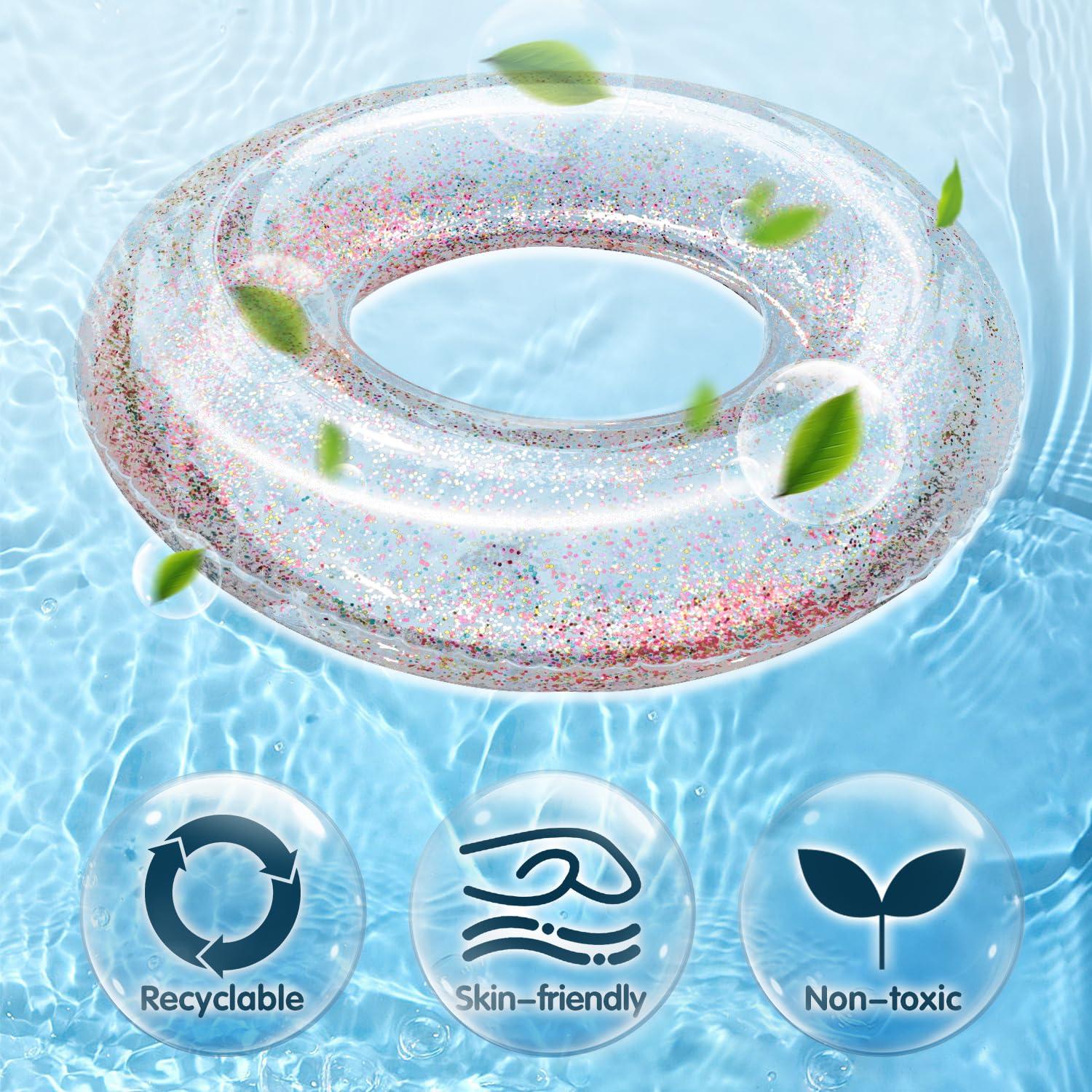 Polita Polita Pool Float, Pool Floats Kids Summer Glitter Pool Tube with Confetti,Tube Pool Toys Beach Party, Transparent Inflatable Floating Tubes for Adults and Kids (Multicolor+Silver+Blue)