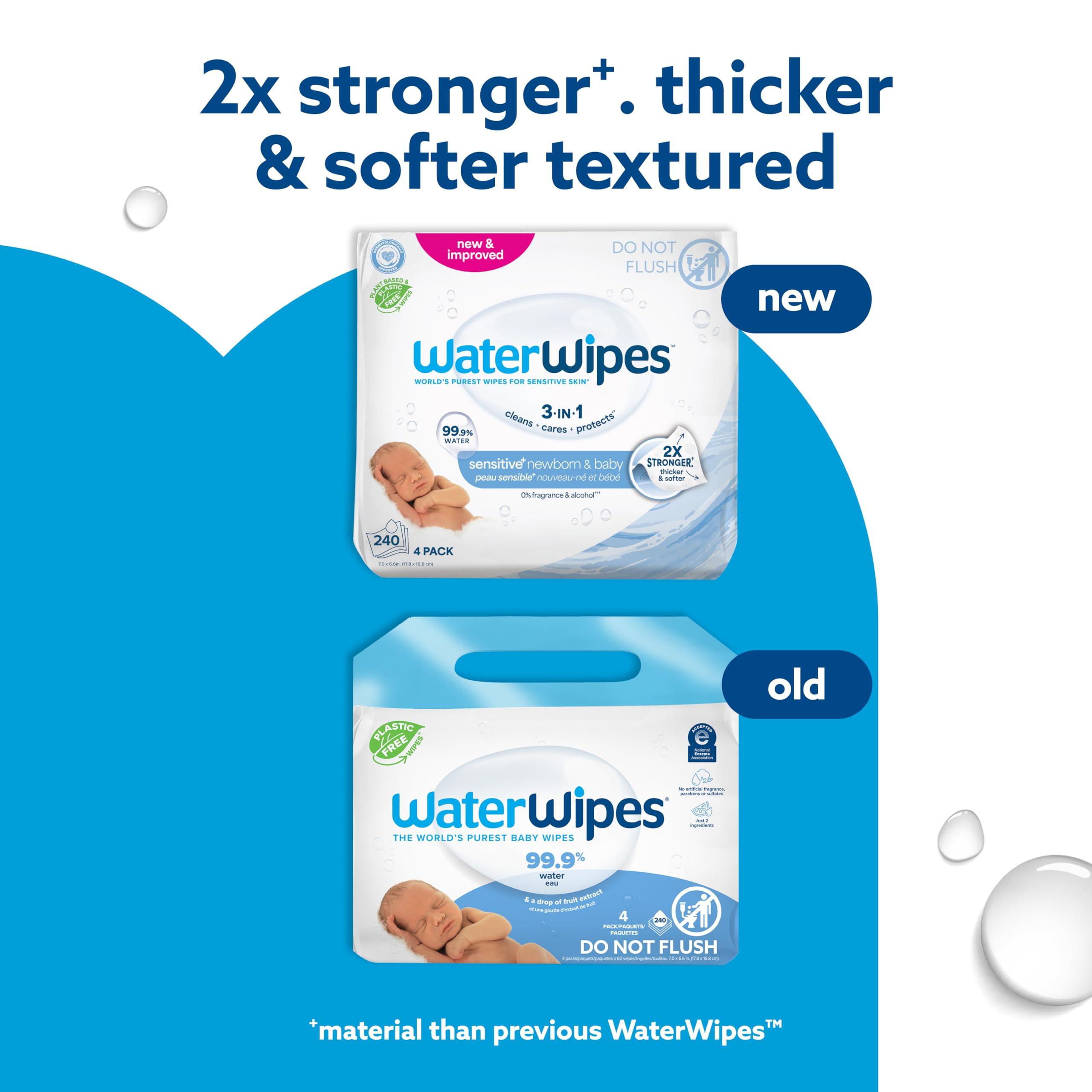 WaterWipes WaterWipes Plastic-Free Original Baby Wipes, 99.9% Water Based Wipes, Unscented & Hypoallergenic for Sensitive Skin, 240 Count (4 packs), Packaging May Vary