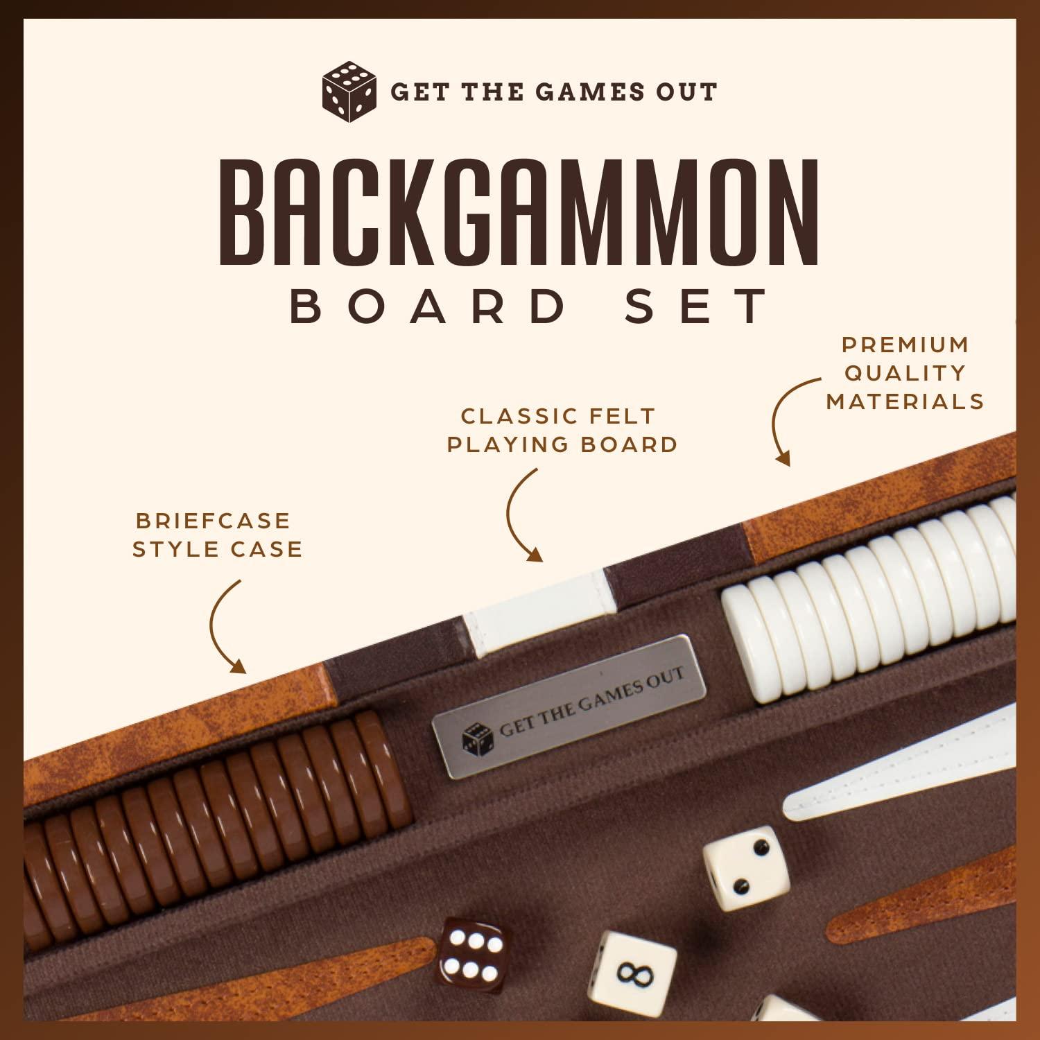 Get The Games Out Get The Games Out Backgammon Set for Travel - Small Classic Board Game Case with Strategy Guide & 15 Game Pieces (Brown)