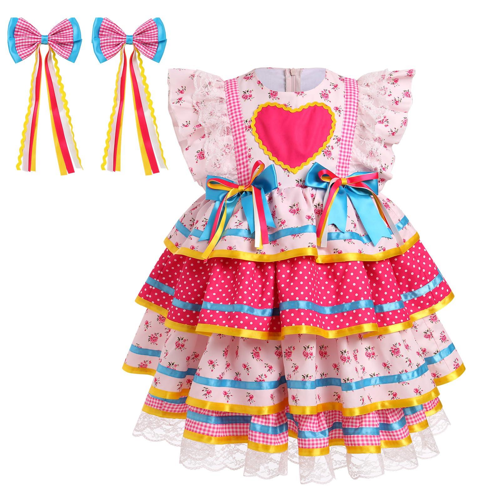 ABEWIP ABEWIP Traditional Mexican Dress for Girl Toddler Kids Cinco De Mayo Ruffle Tiered Dresses with Hair Clips Pink 18-24M