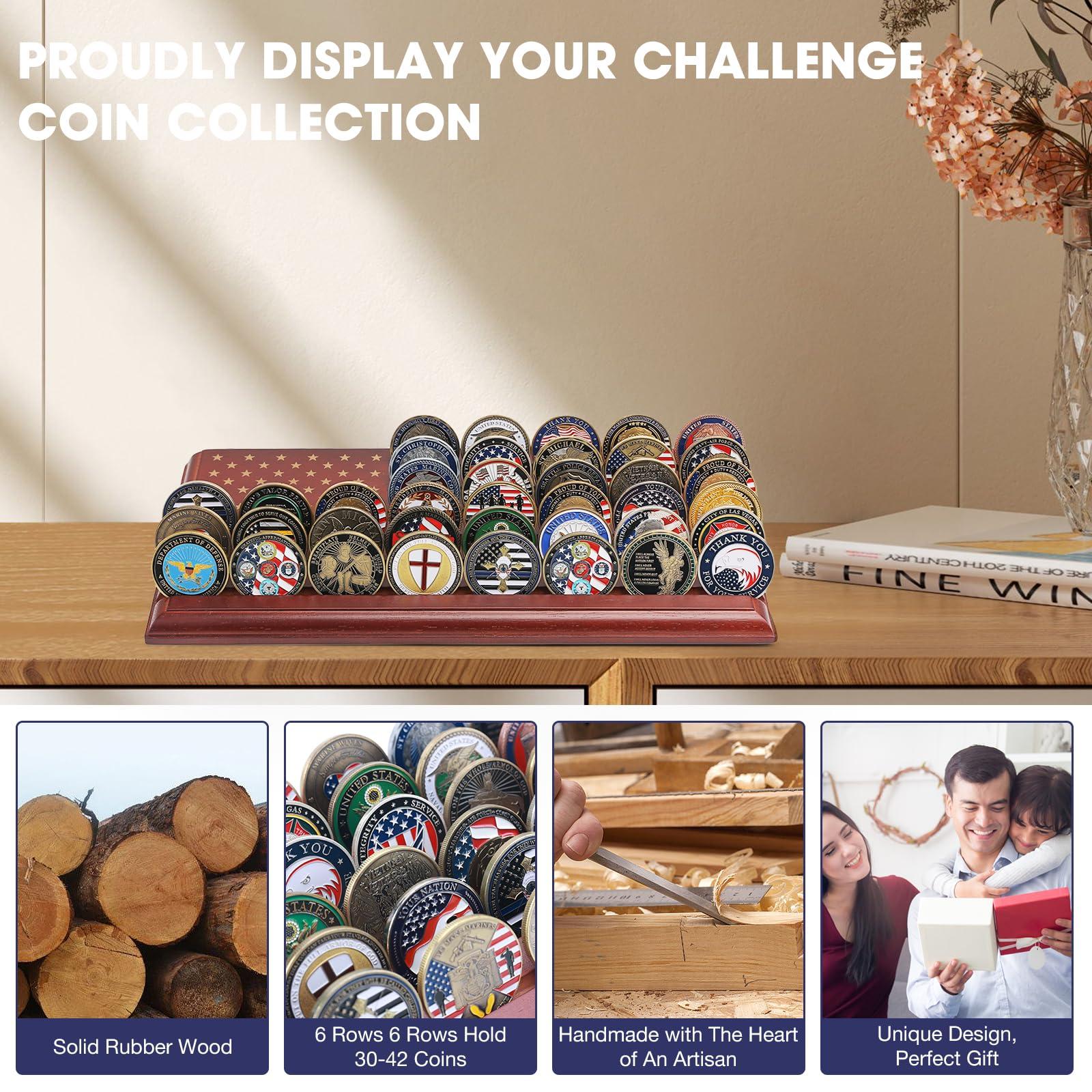 LIUYALO LIUYALO 6-row challenge coin display with United States Flag, challenge coin holder made of 100% solid wood