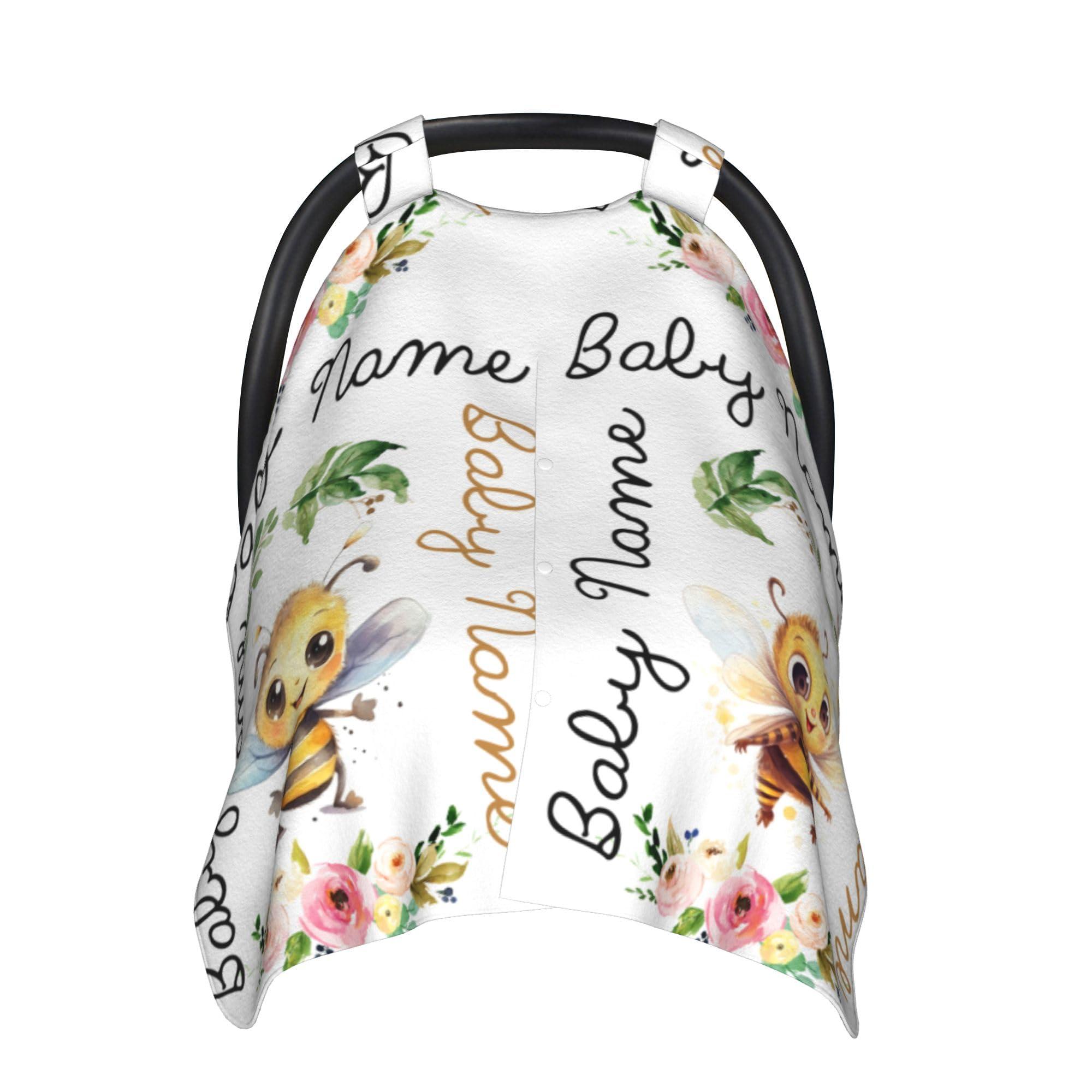 Novusopt Custom Baby Car Seat Covers with Name Personalized Car Seat Canopy Covers for Newborn Honey Bee Nursing Breastfeeding Cover Infant CarSeat Canopies for Babies Minky Baby Blanket