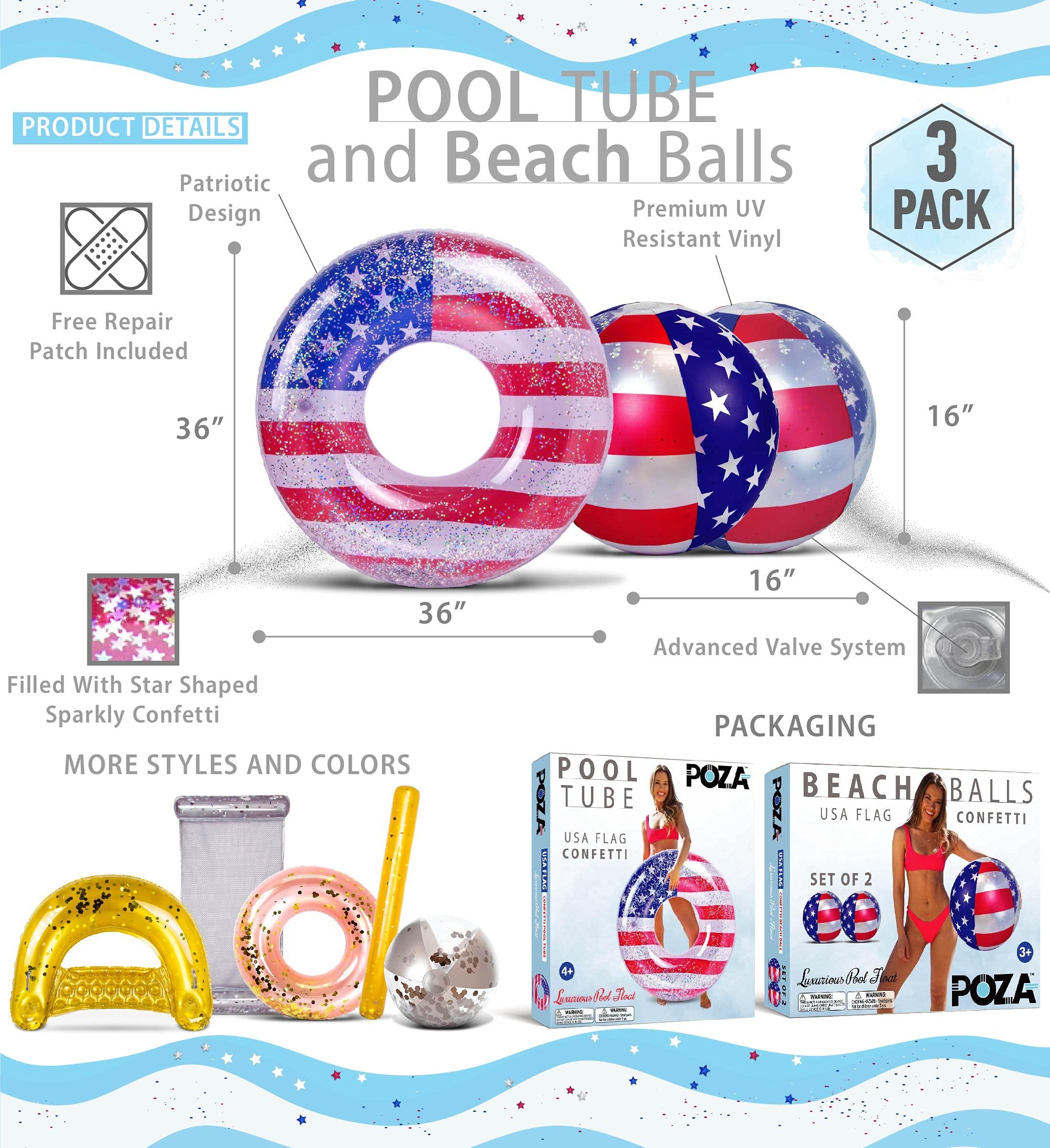 POZA POZA Inflatable USA Pool Float Tube and Beach Balls - Luxurious American Flag Design with Sparkly Silver Stars Confetti Pool Float and Inflatable Beach Balls, Water Inflatables for Pool, Beach, Lake